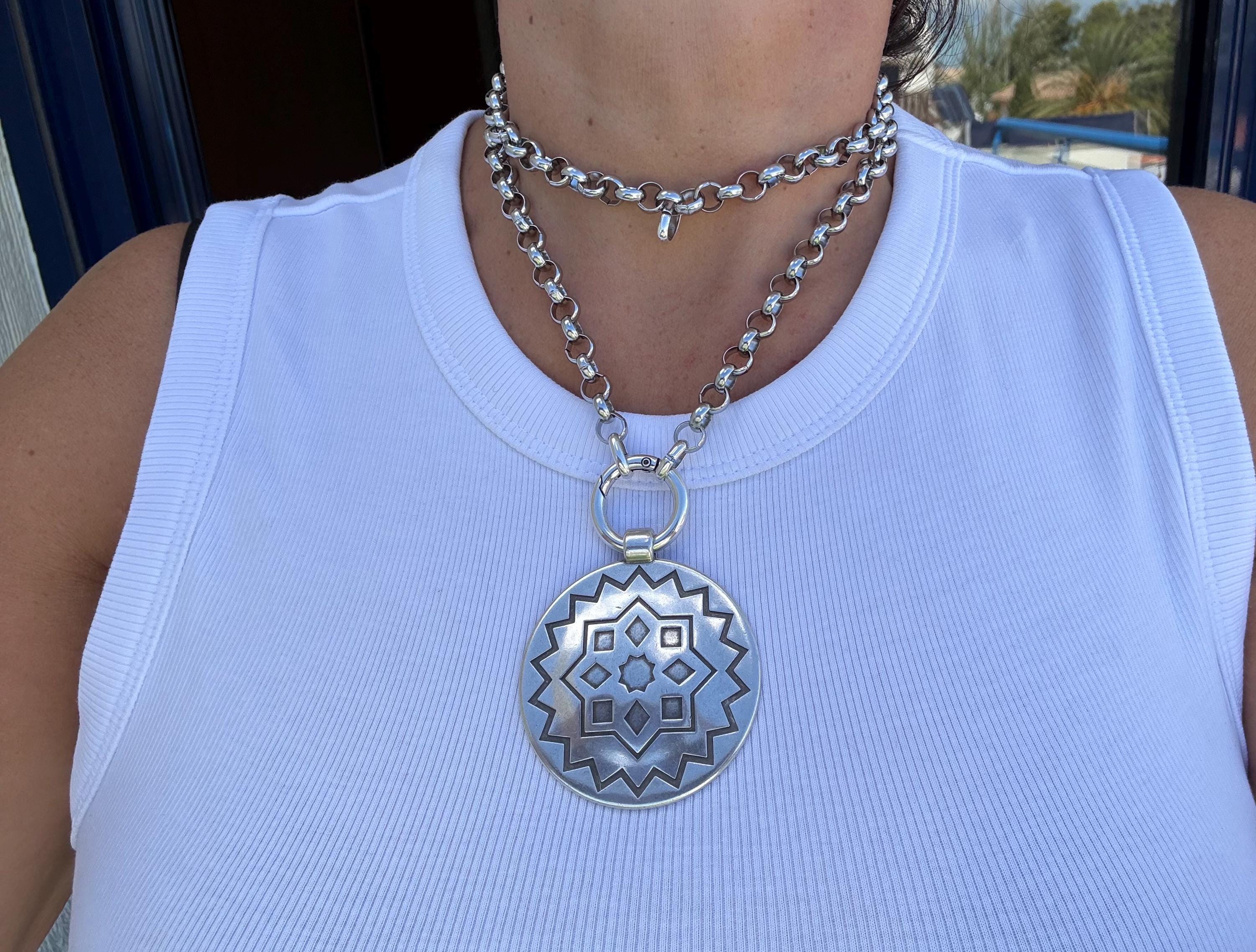 Multi-Position engraved circle Pendant Necklace – Chunky Rolo Chain – Antique Silver Finish – Handmade Kukuri Jewelry