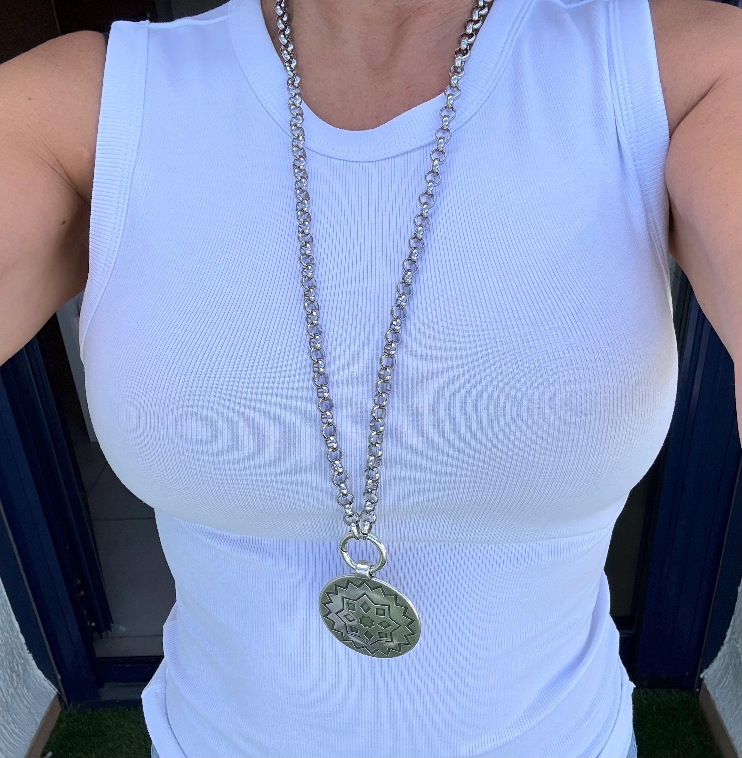 Multi-Position engraved circle Pendant Necklace – Chunky Rolo Chain – Antique Silver Finish – Handmade Kukuri Jewelry