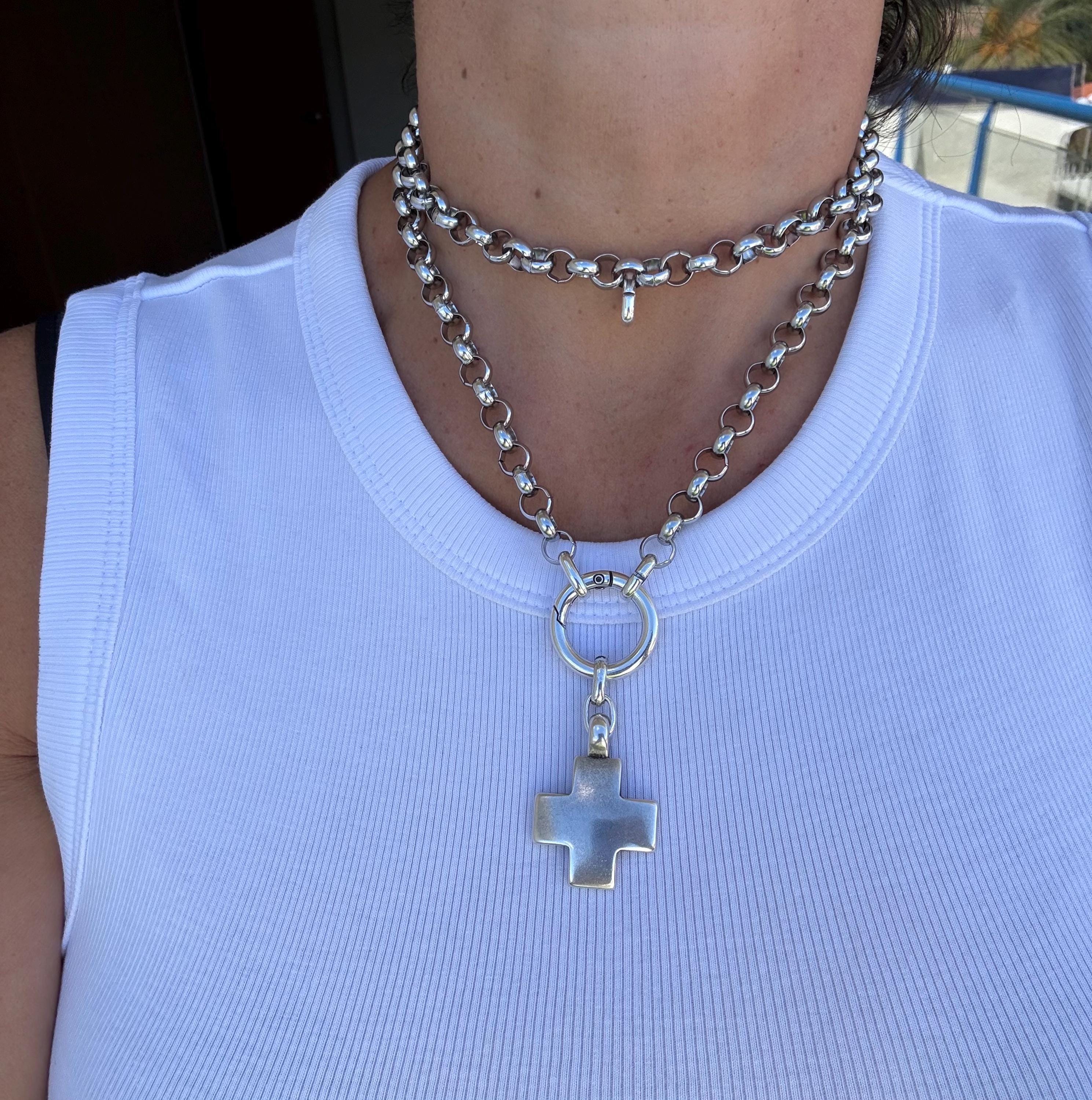 Multi-Position Cross Pendant Necklace – Chunky Rolo Chain – Antique Silver Finish – Handmade Kukuri Jewelry