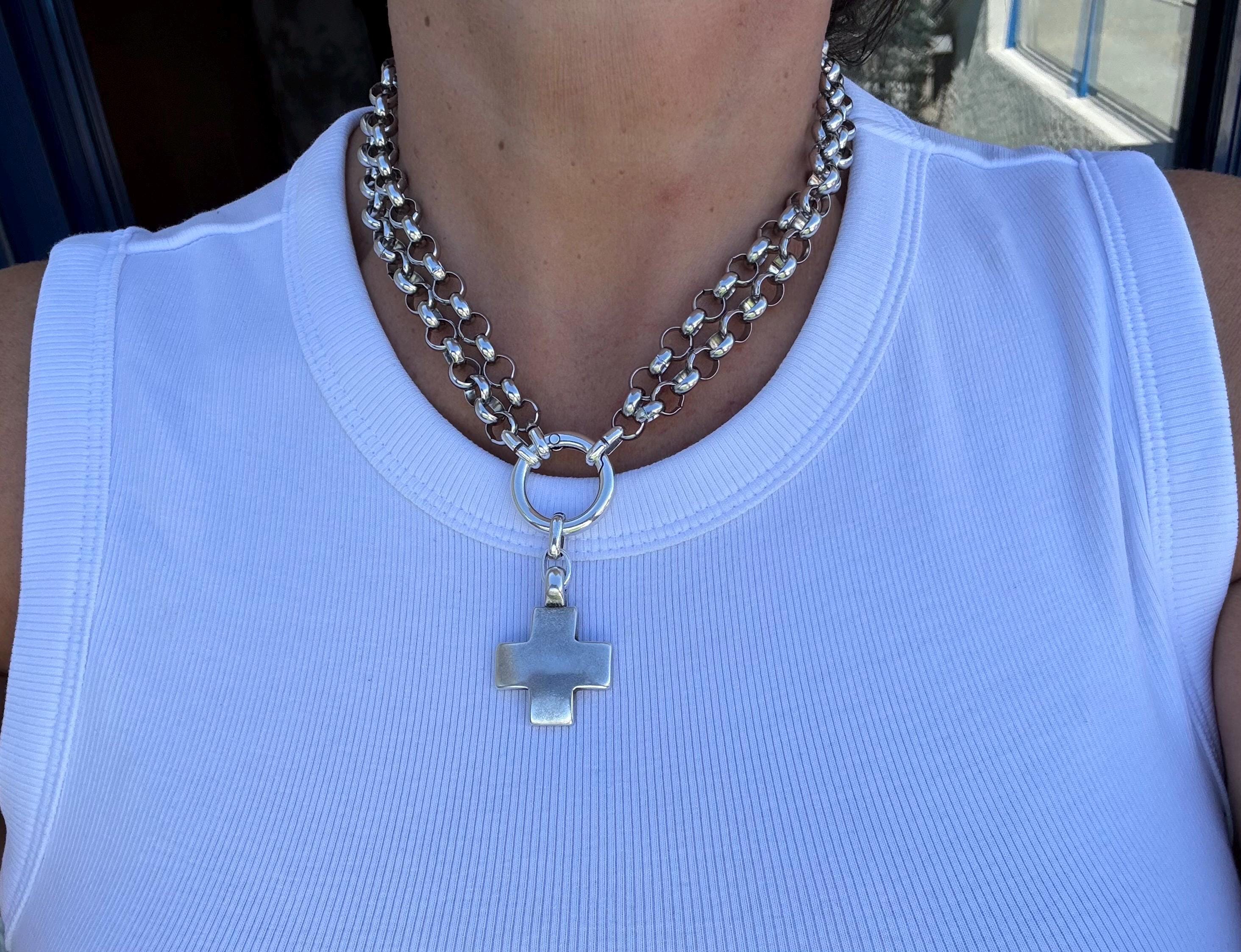 Multi-Position Cross Pendant Necklace – Chunky Rolo Chain – Antique Silver Finish – Handmade Kukuri Jewelry