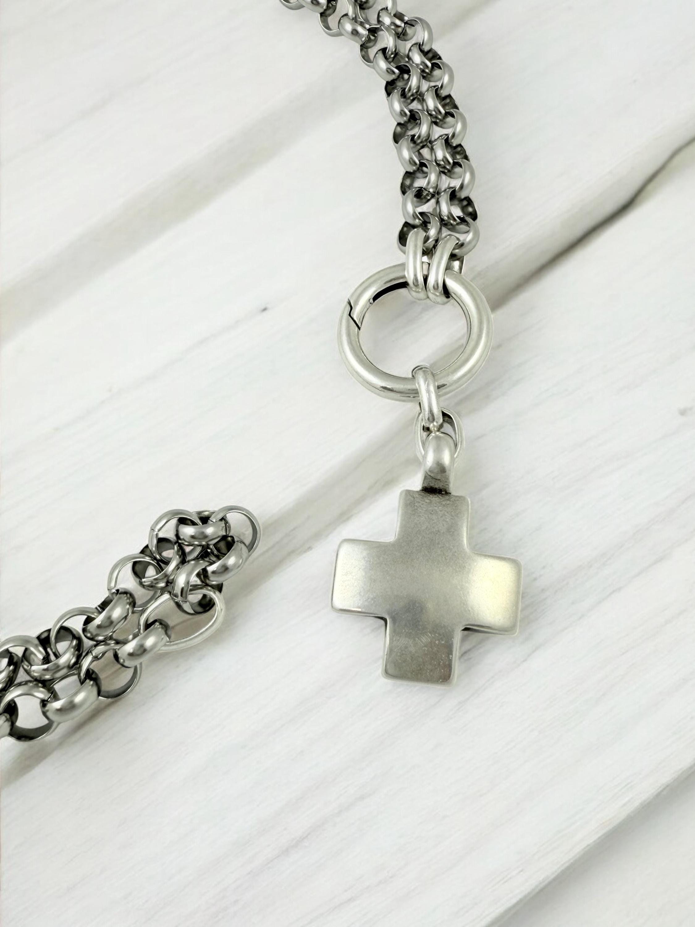 Multi-Position Cross Pendant Necklace – Chunky Rolo Chain – Antique Silver Finish – Handmade Kukuri Jewelry
