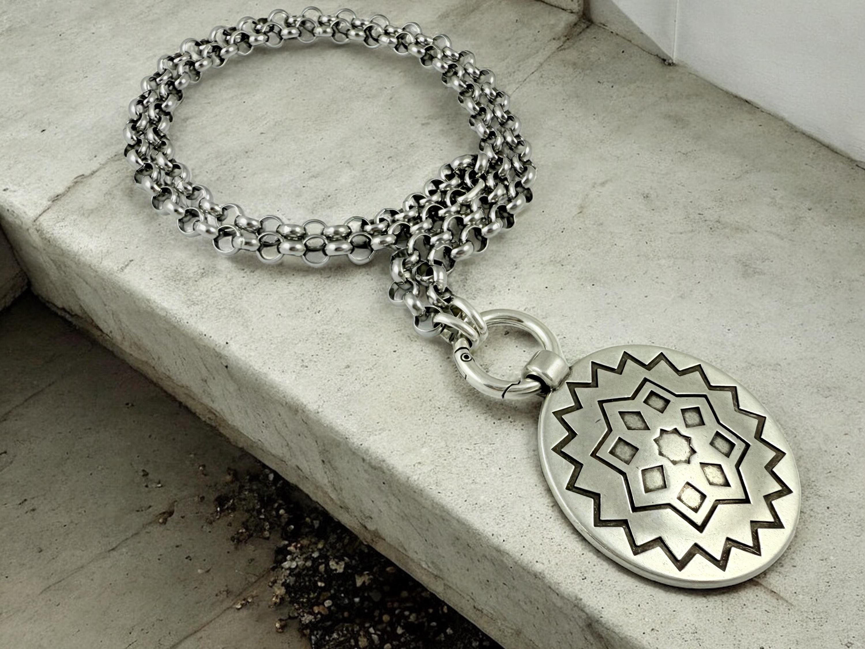 Multi-Position engraved circle Pendant Necklace – Chunky Rolo Chain – Antique Silver Finish – Handmade Kukuri Jewelry