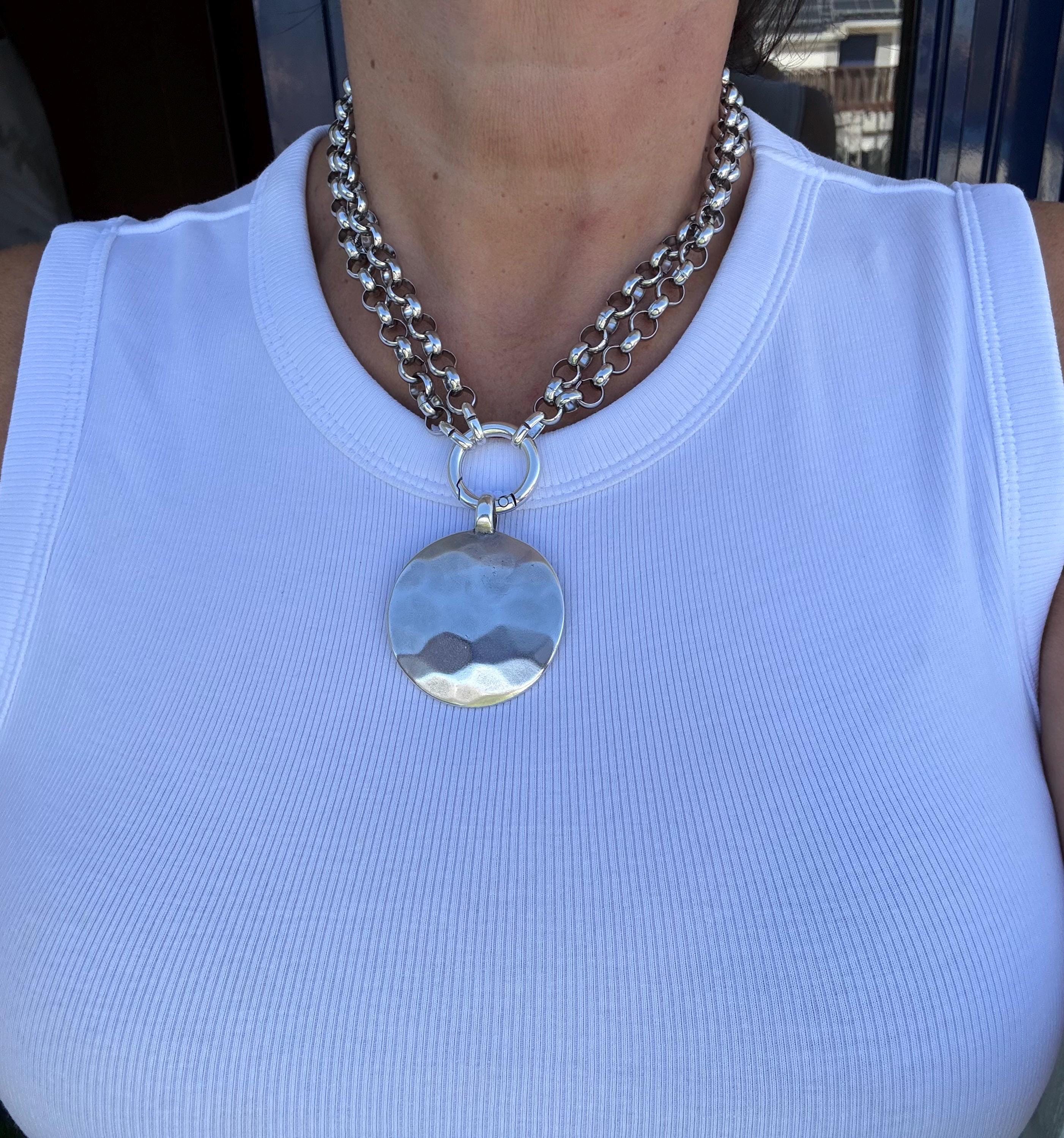 Multi-Position circle hammered Pendant Necklace – Chunky Rolo Chain – Antique Silver Finish – Handmade Kukuri Jewelry