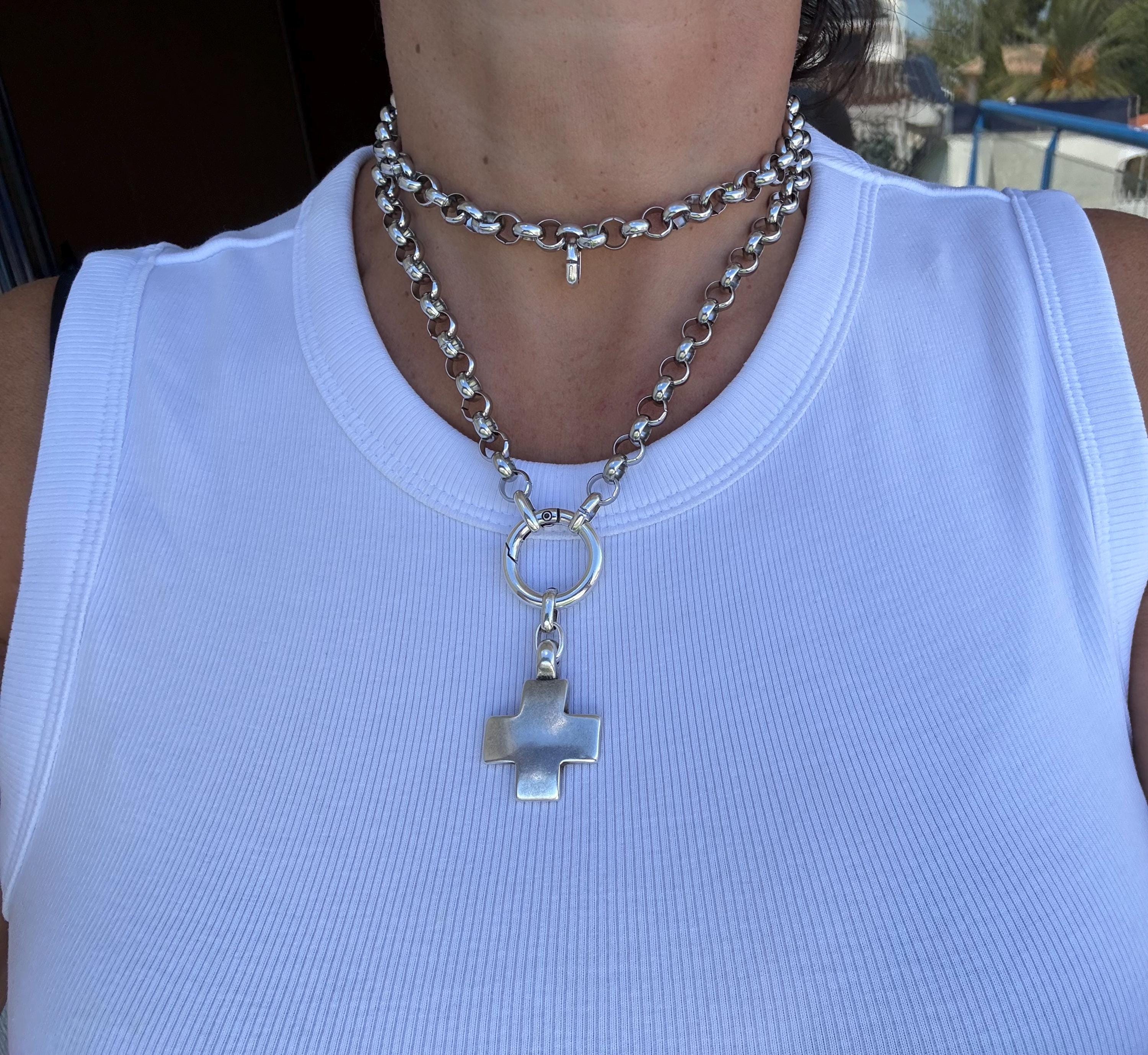 Multi-Position Cross Pendant Necklace – Chunky Rolo Chain – Antique Silver Finish – Handmade Kukuri Jewelry