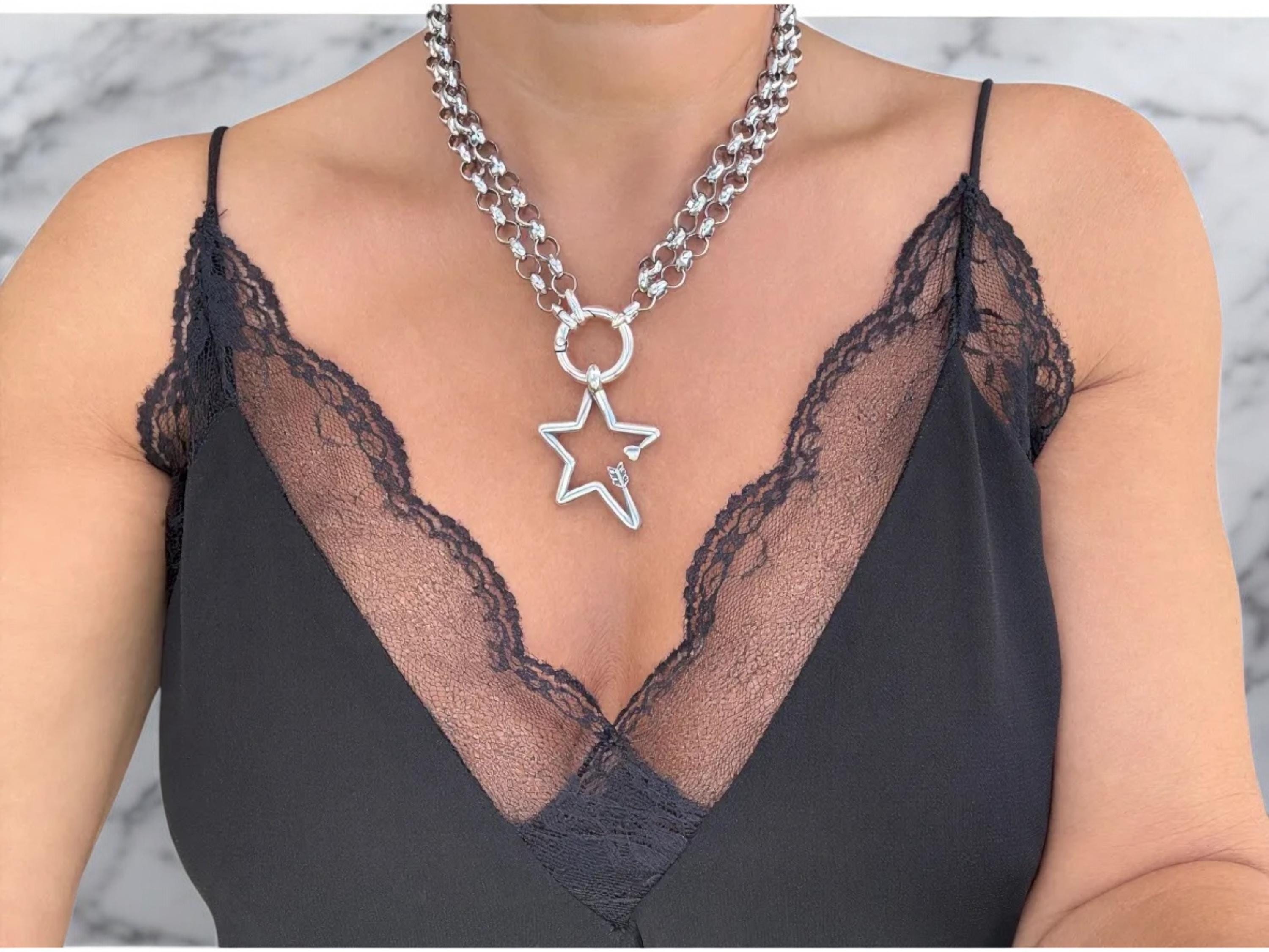 Versatile Double strand Star Arrow Pendant Necklace –long silver Chunky Rolo Chain – Antique Silver Finish – Handmade Kukuri Jewelry