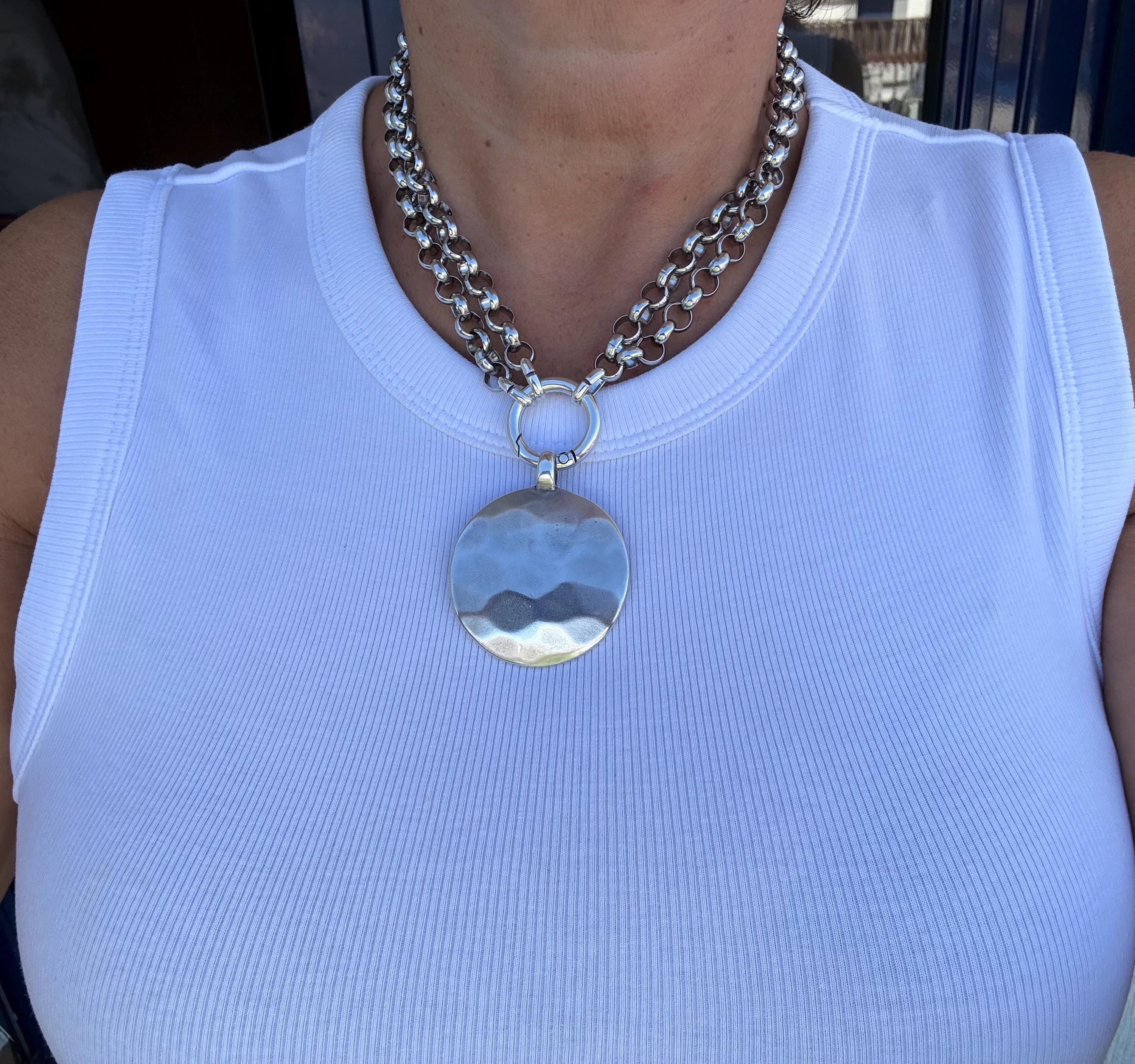 Multi-Position circle hammered Pendant Necklace – Chunky Rolo Chain – Antique Silver Finish – Handmade Kukuri Jewelry