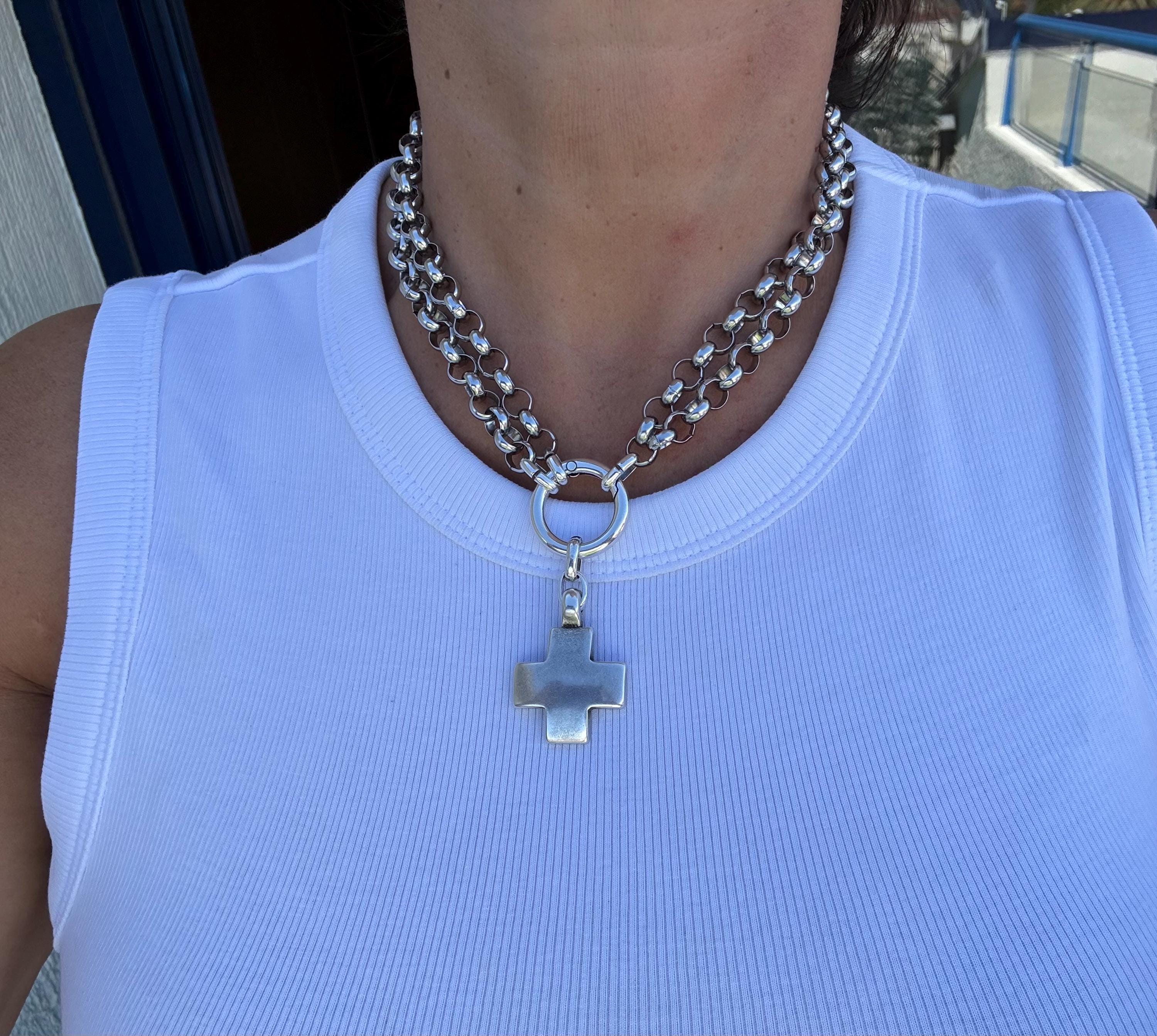 Multi-Position Cross Pendant Necklace – Chunky Rolo Chain – Antique Silver Finish – Handmade Kukuri Jewelry