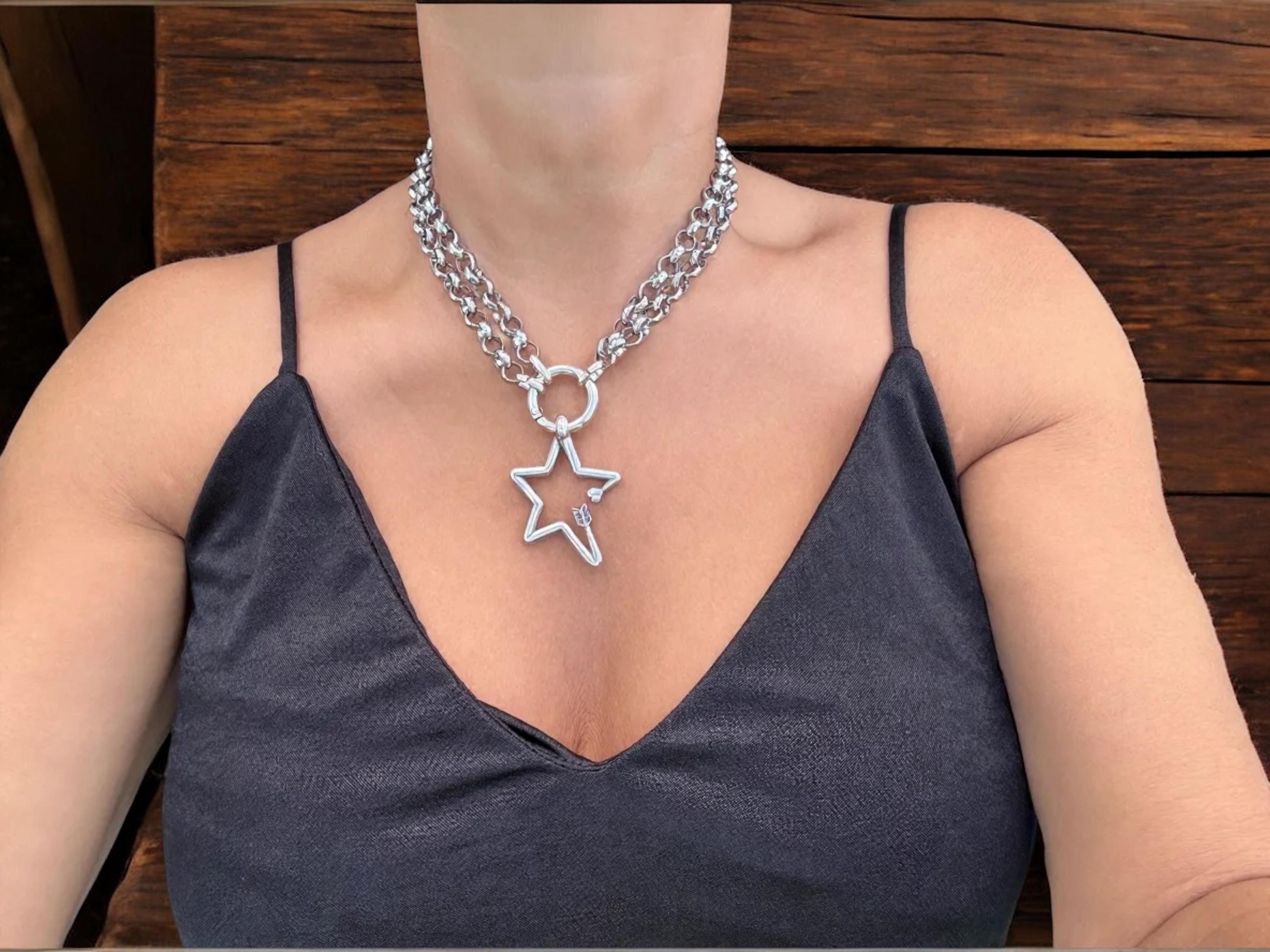 Versatile Double strand Star Arrow Pendant Necklace –long silver Chunky Rolo Chain – Antique Silver Finish – Handmade Kukuri Jewelry