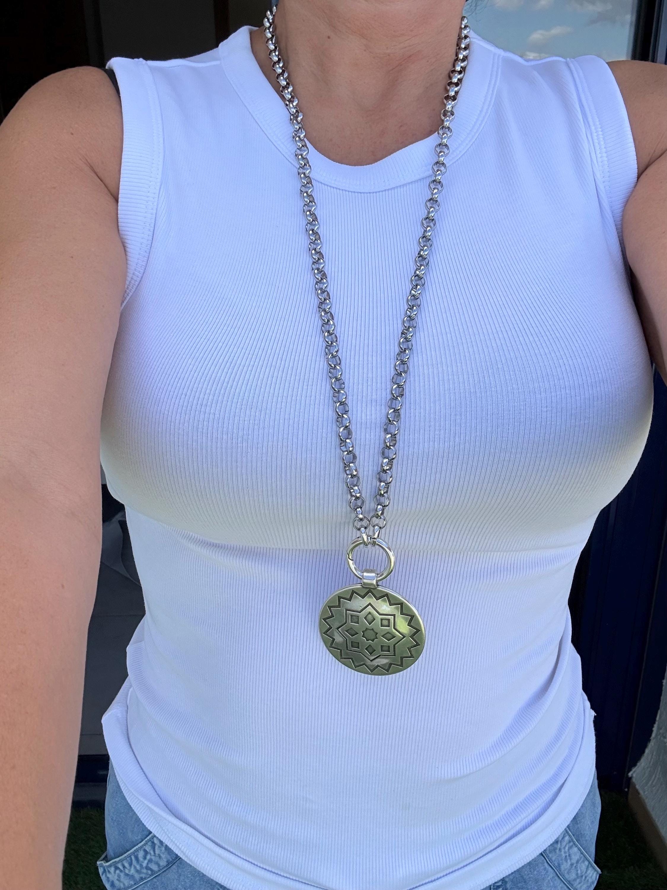 Multi-Position engraved circle Pendant Necklace – Chunky Rolo Chain – Antique Silver Finish – Handmade Kukuri Jewelry