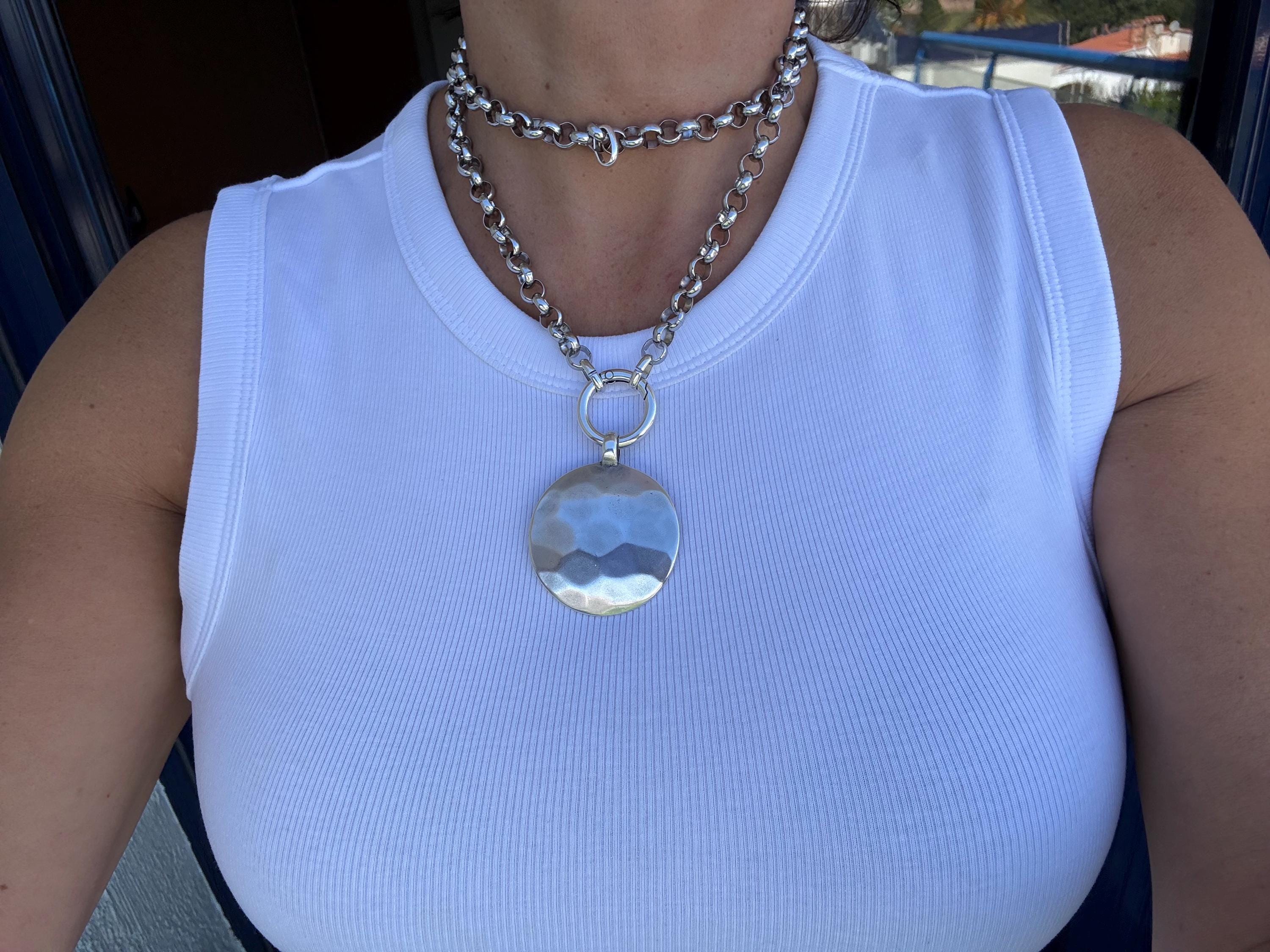 Multi-Position circle hammered Pendant Necklace – Chunky Rolo Chain – Antique Silver Finish – Handmade Kukuri Jewelry