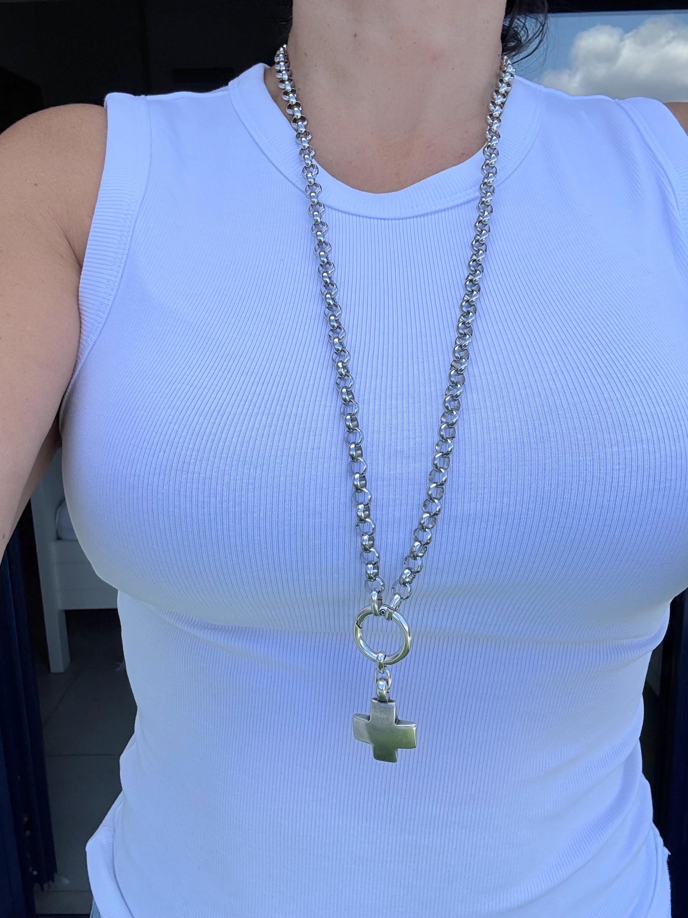 Multi-Position Cross Pendant Necklace – Chunky Rolo Chain – Antique Silver Finish – Handmade Kukuri Jewelry