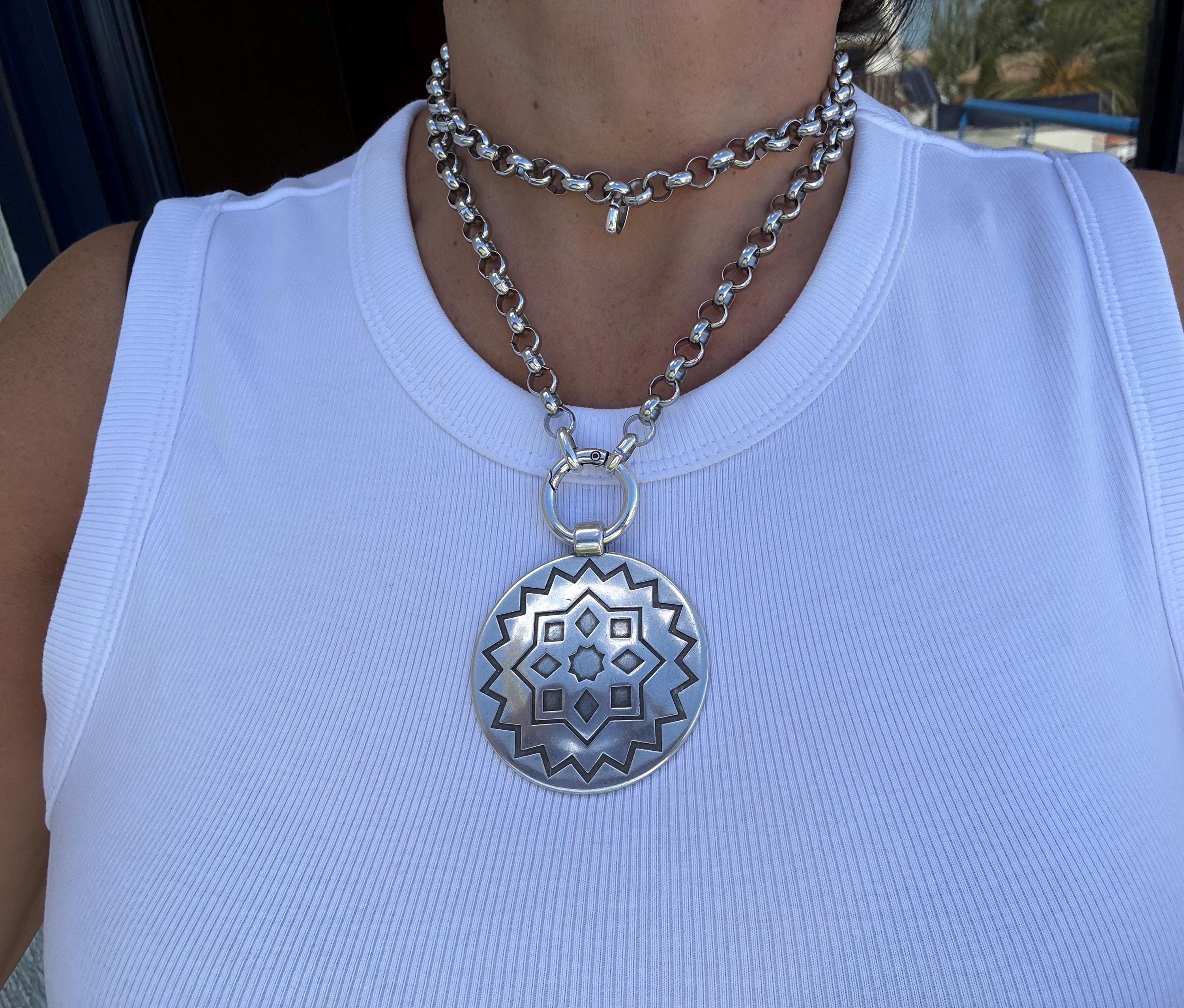 Multi-Position engraved circle Pendant Necklace – Chunky Rolo Chain – Antique Silver Finish – Handmade Kukuri Jewelry