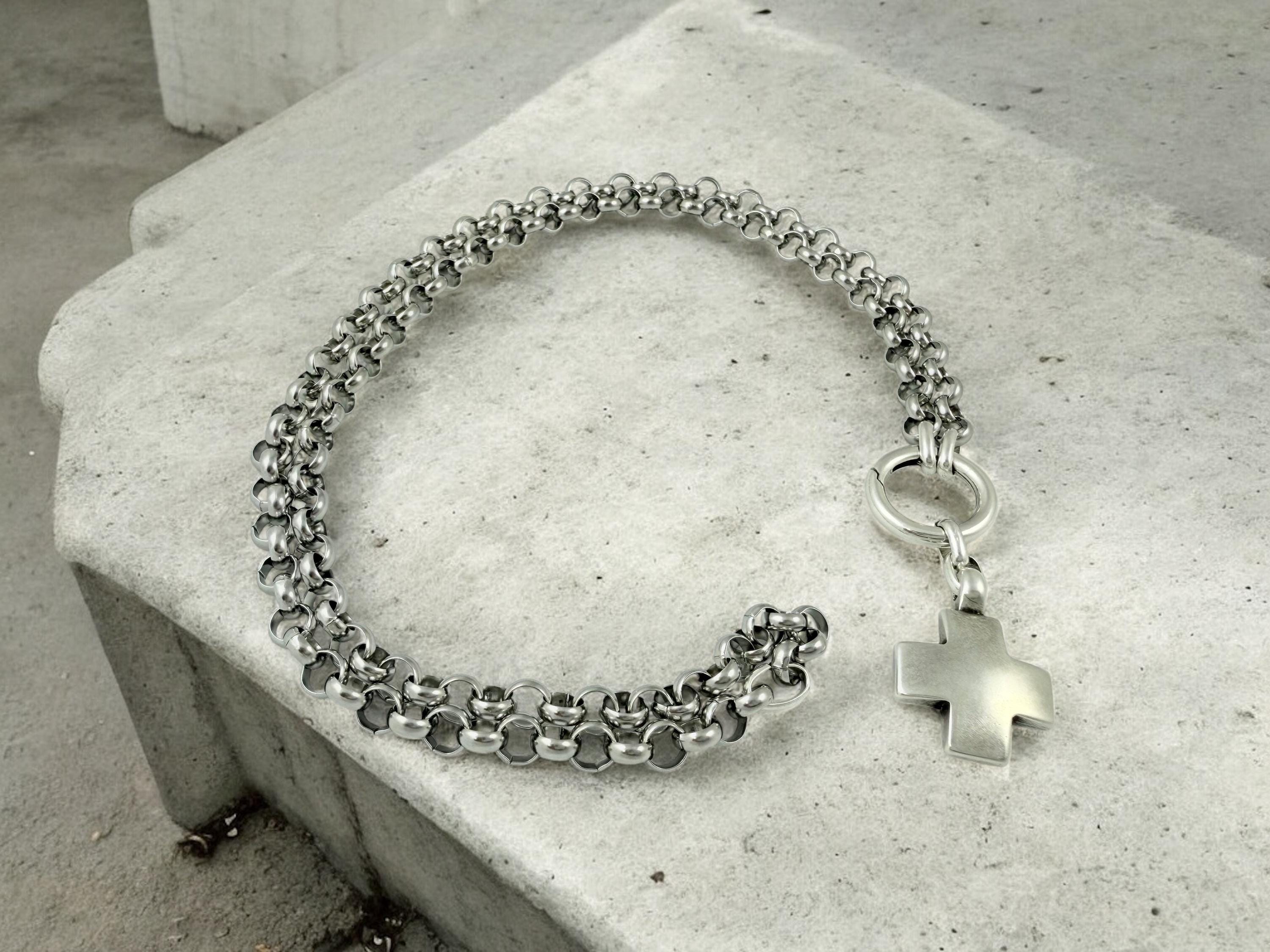 Multi-Position Cross Pendant Necklace – Chunky Rolo Chain – Antique Silver Finish – Handmade Kukuri Jewelry