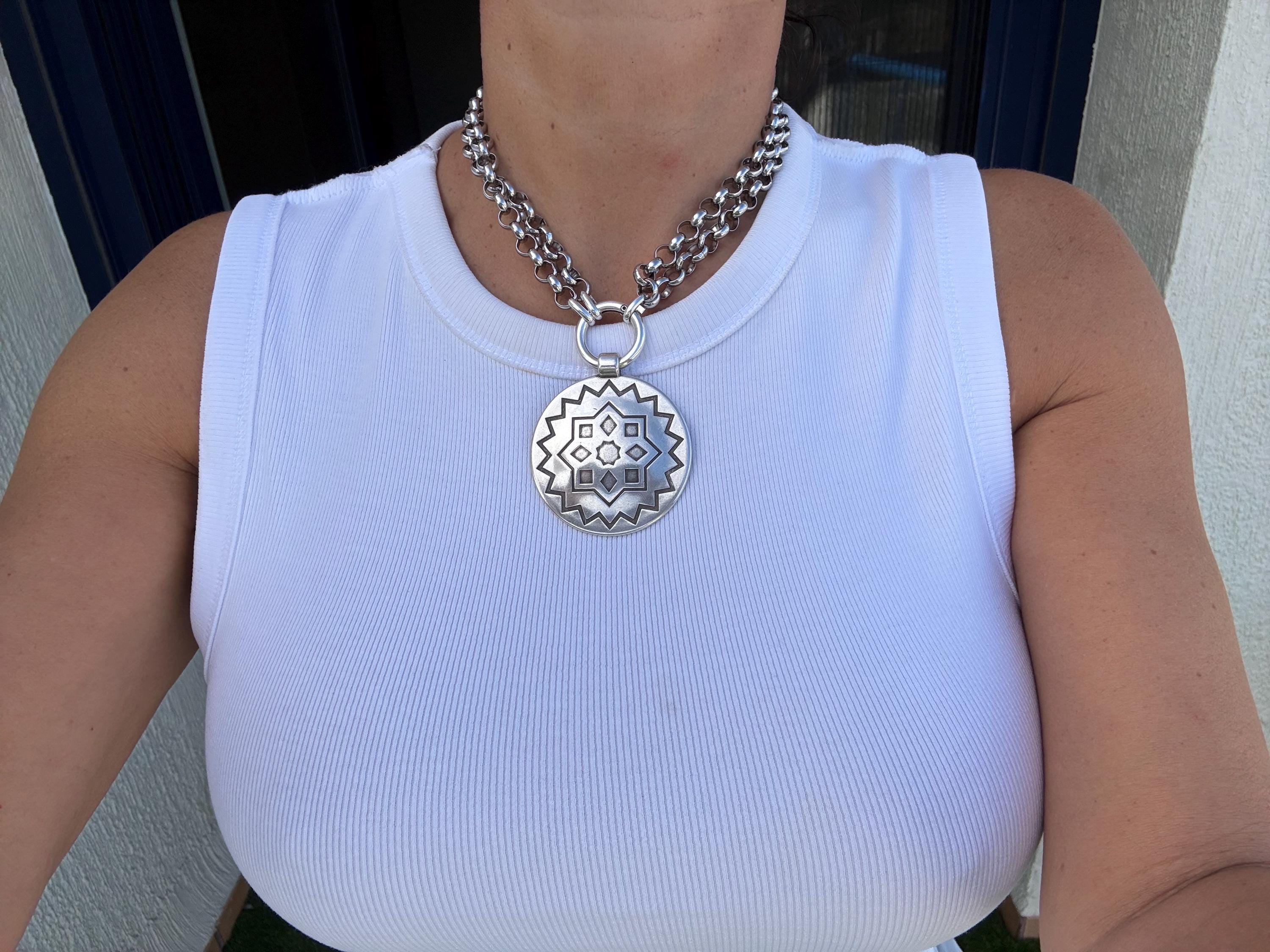 Multi-Position engraved circle Pendant Necklace – Chunky Rolo Chain – Antique Silver Finish – Handmade Kukuri Jewelry