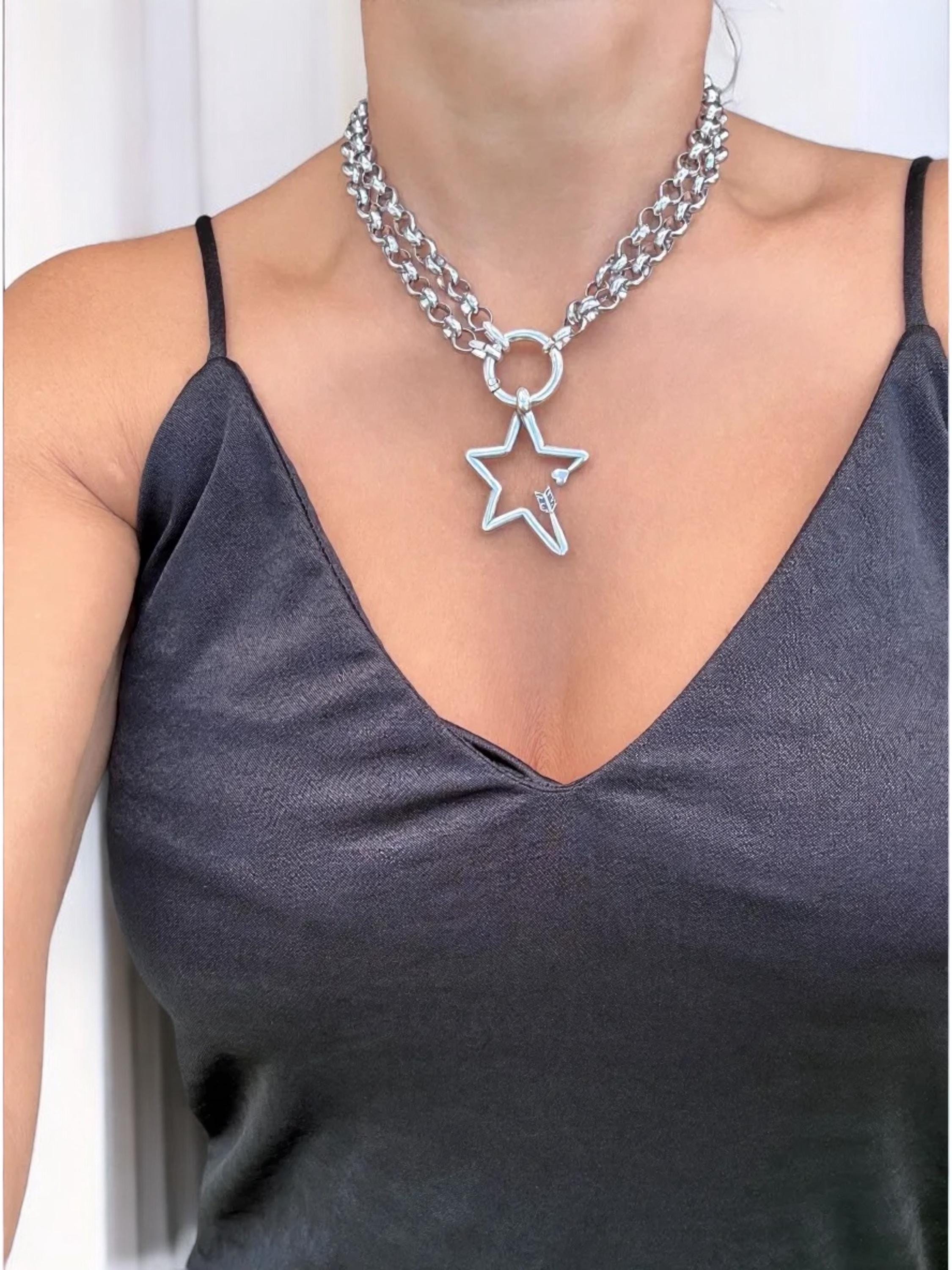 Versatile Double strand Star Arrow Pendant Necklace –long silver Chunky Rolo Chain – Antique Silver Finish – Handmade Kukuri Jewelry