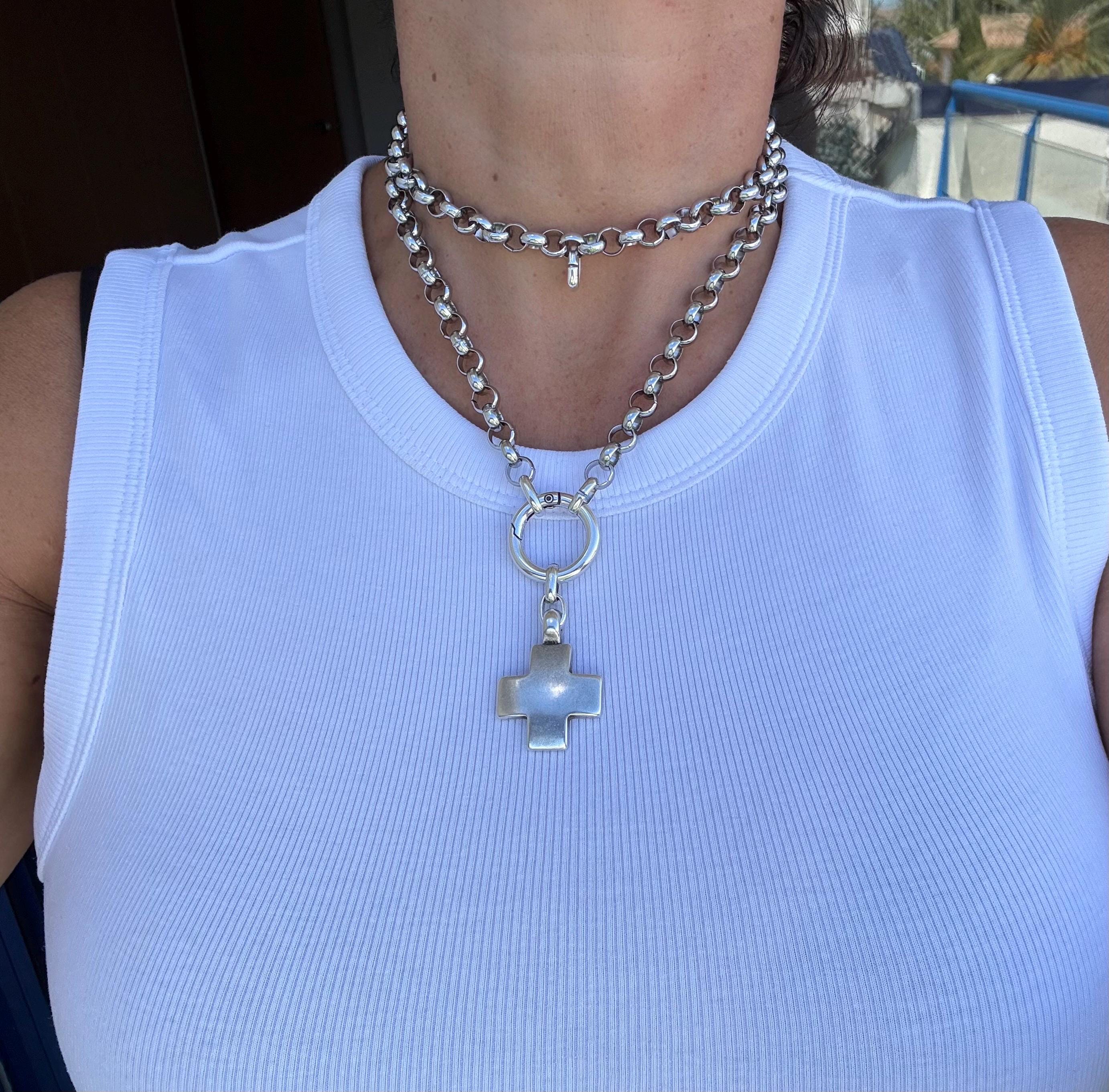 Multi-Position Cross Pendant Necklace – Chunky Rolo Chain – Antique Silver Finish – Handmade Kukuri Jewelry