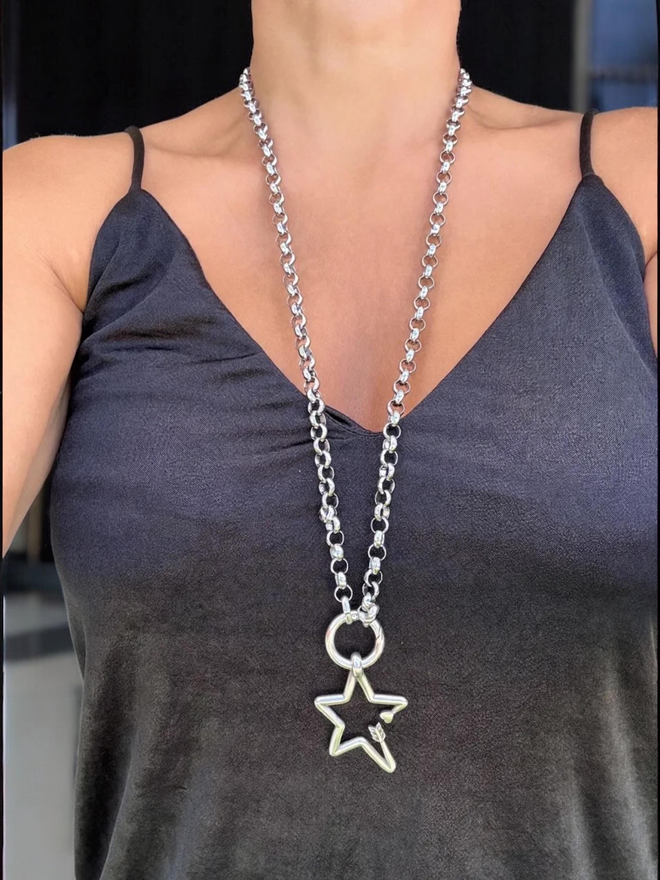 Versatile Double strand Star Arrow Pendant Necklace –long silver Chunky Rolo Chain – Antique Silver Finish – Handmade Kukuri Jewelry