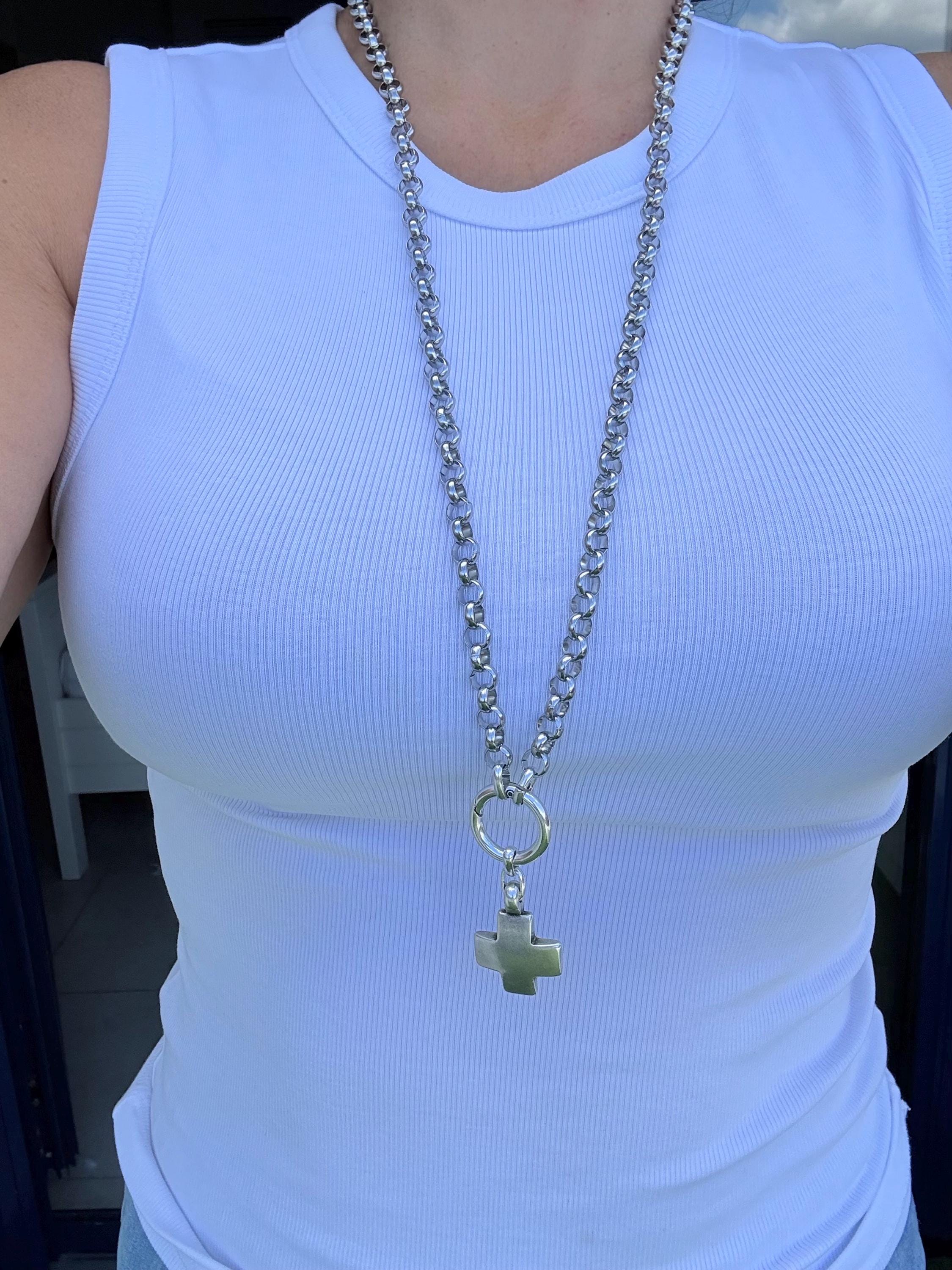 Multi-Position Cross Pendant Necklace – Chunky Rolo Chain – Antique Silver Finish – Handmade Kukuri Jewelry