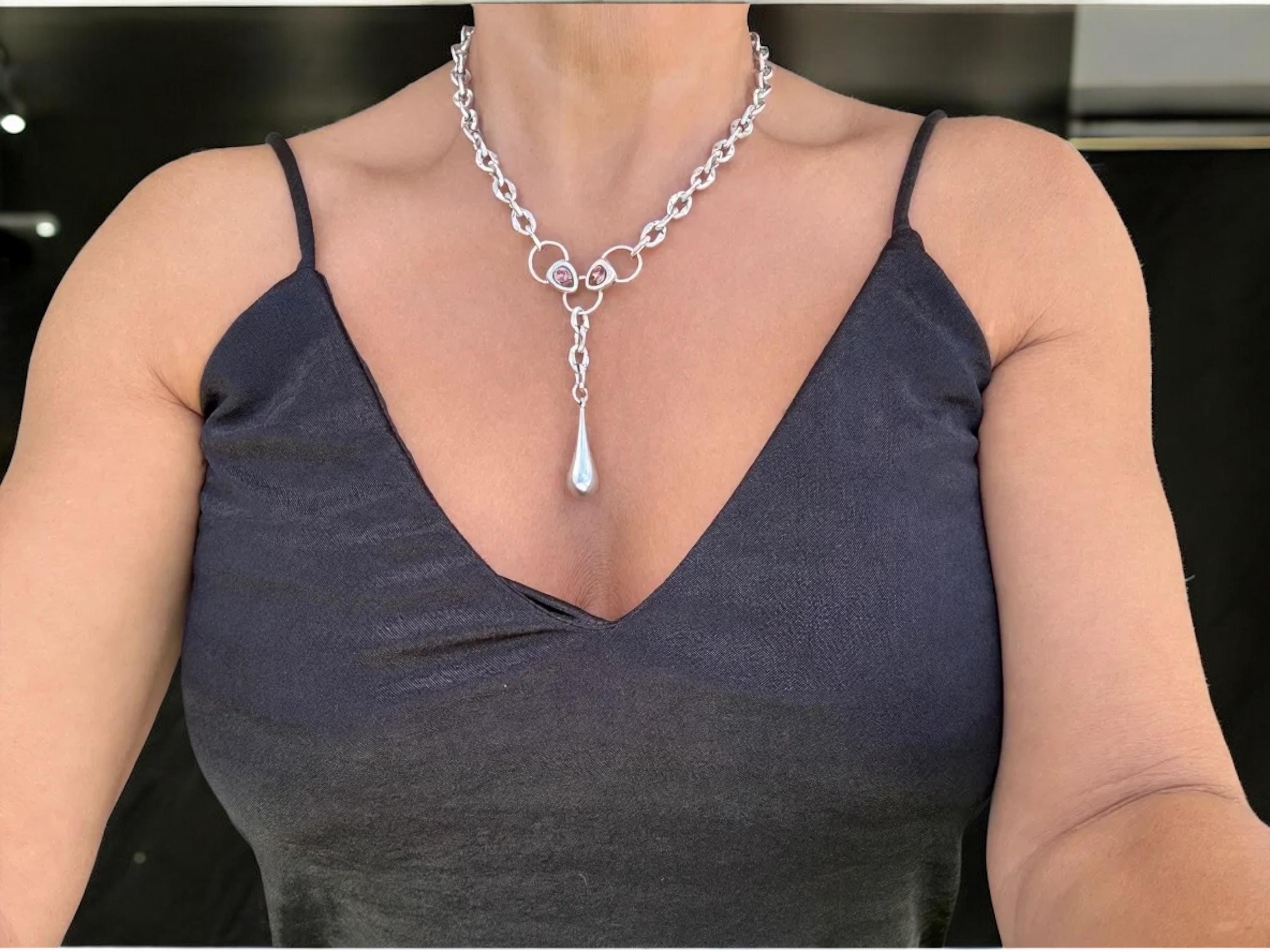 Silver Drop Pendant Necklace – Pink Swarovski Crystals – Sculptural Chain – Handmade Kukuri Jewelry