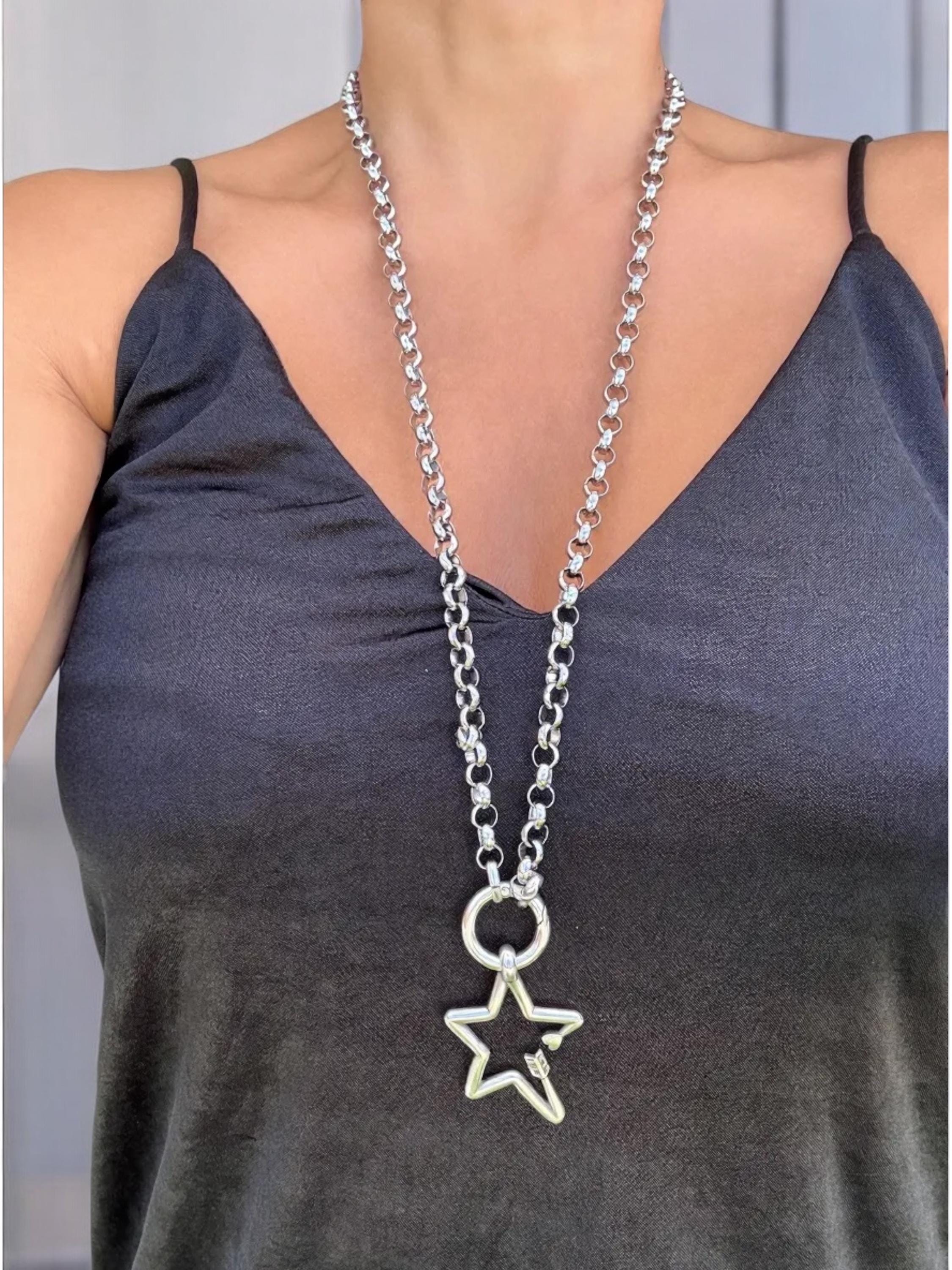 Versatile Double strand Star Arrow Pendant Necklace –long silver Chunky Rolo Chain – Antique Silver Finish – Handmade Kukuri Jewelry