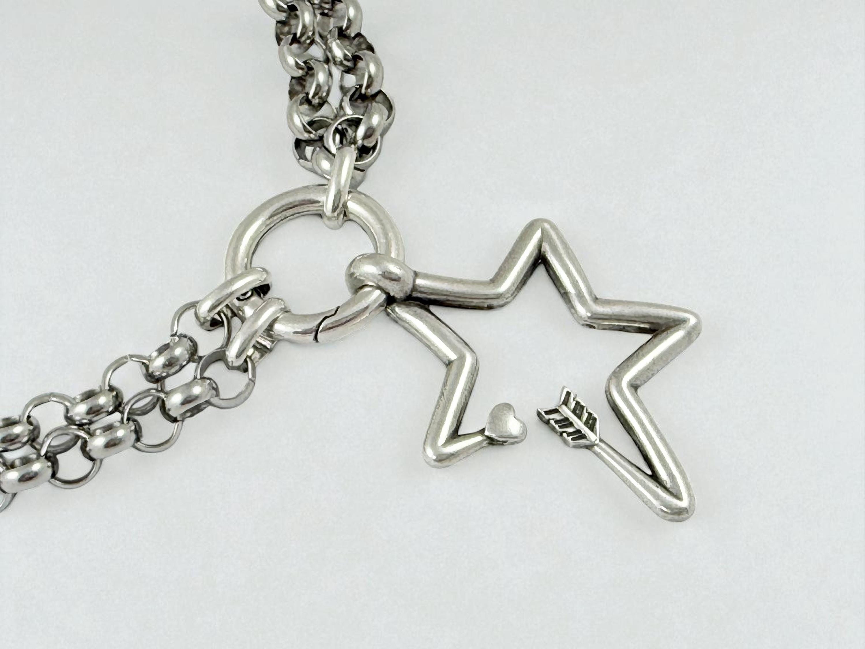 Versatile Double strand Star Arrow Pendant Necklace –long silver Chunky Rolo Chain – Antique Silver Finish – Handmade Kukuri Jewelry
