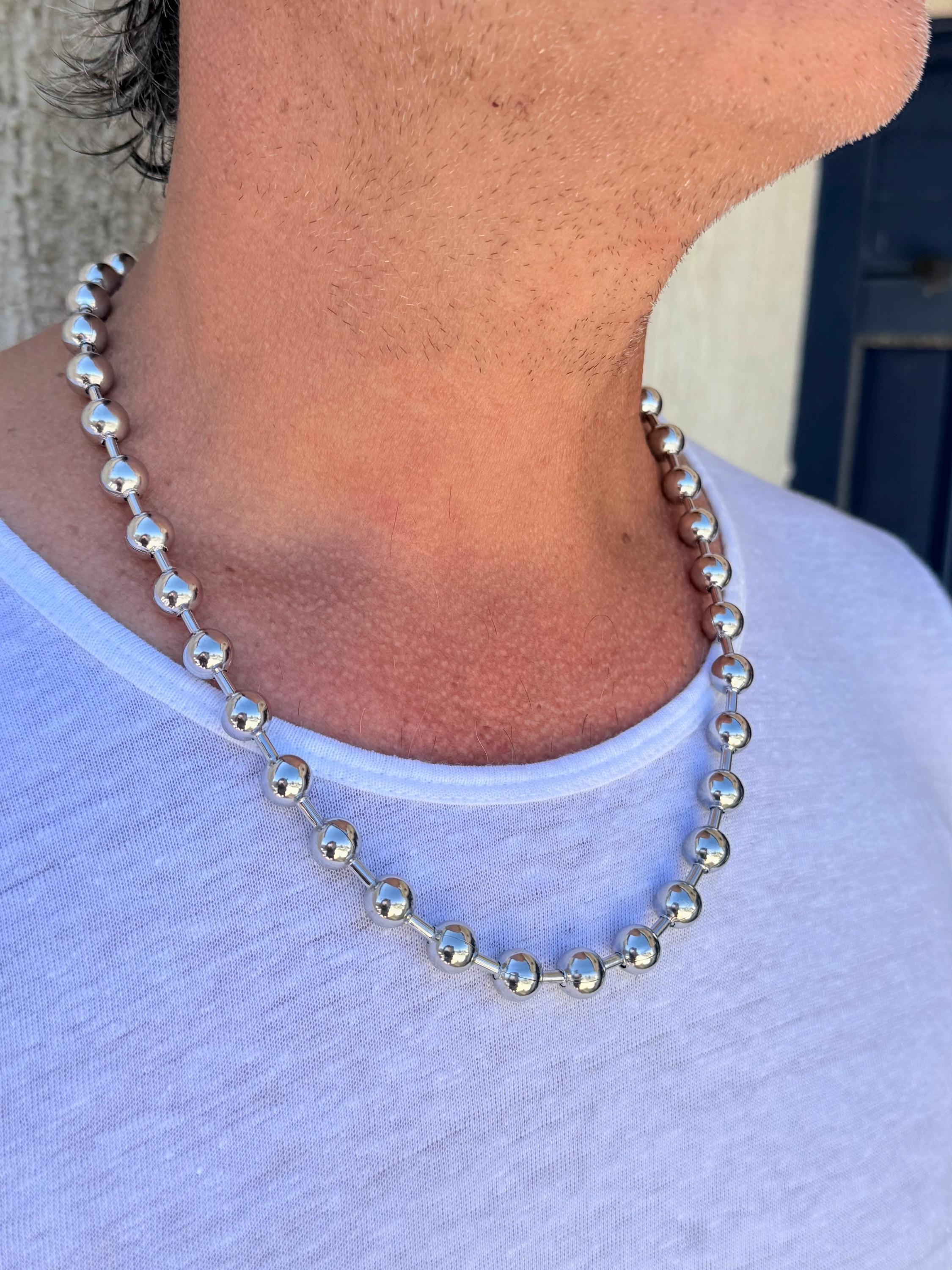 Men’s Ball Chain Necklace – 10 mm Black Silver Stainless Steel – Unisex Industrial Style – 24-Inch Water-Resistant Design – Handmade Kukuri