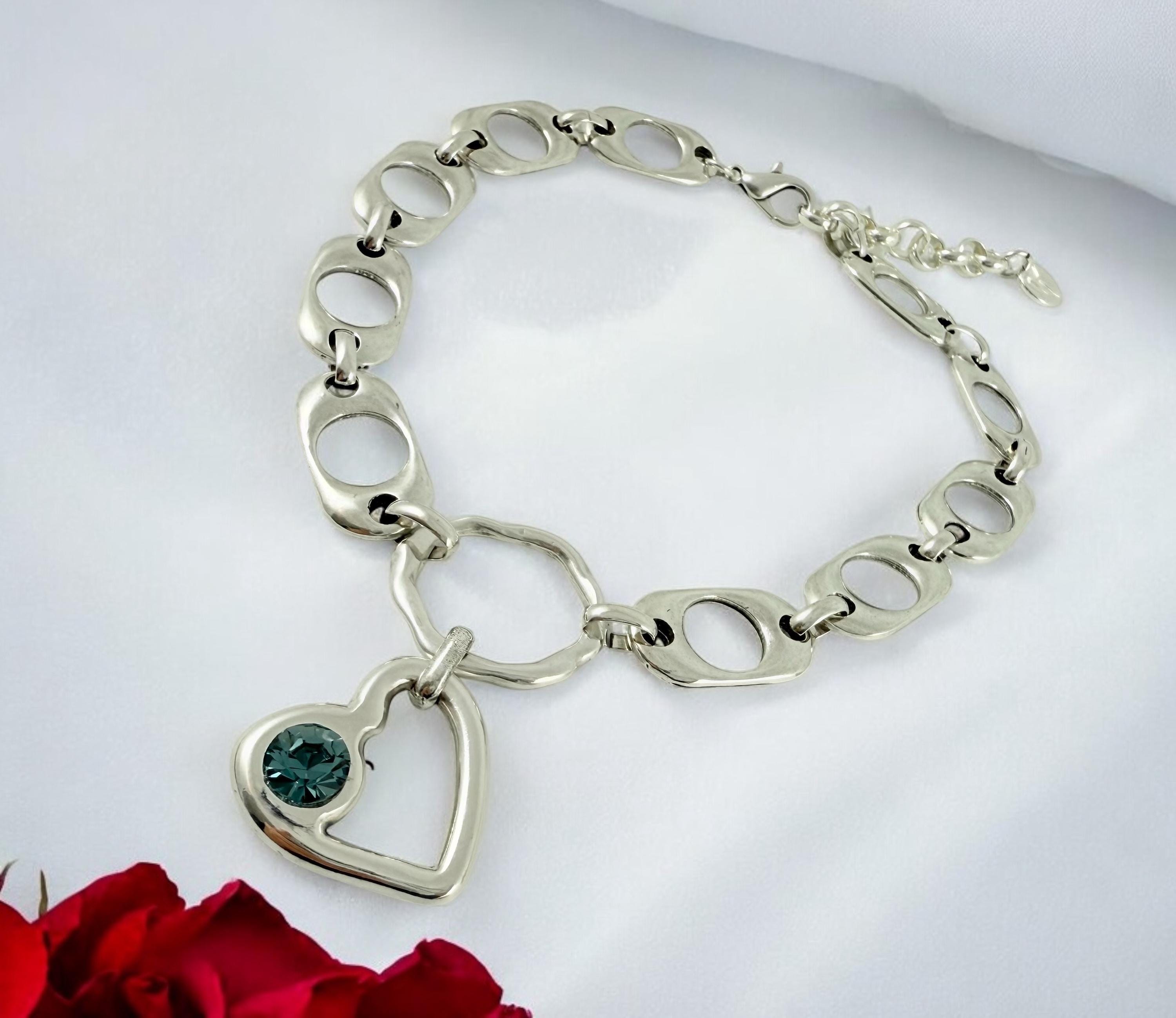 Chunky Silver Heart Pendant Choker – Swarovski Crystal – Big Link Bold Chain – Adjustable – Handmade Kukuri Jewelry