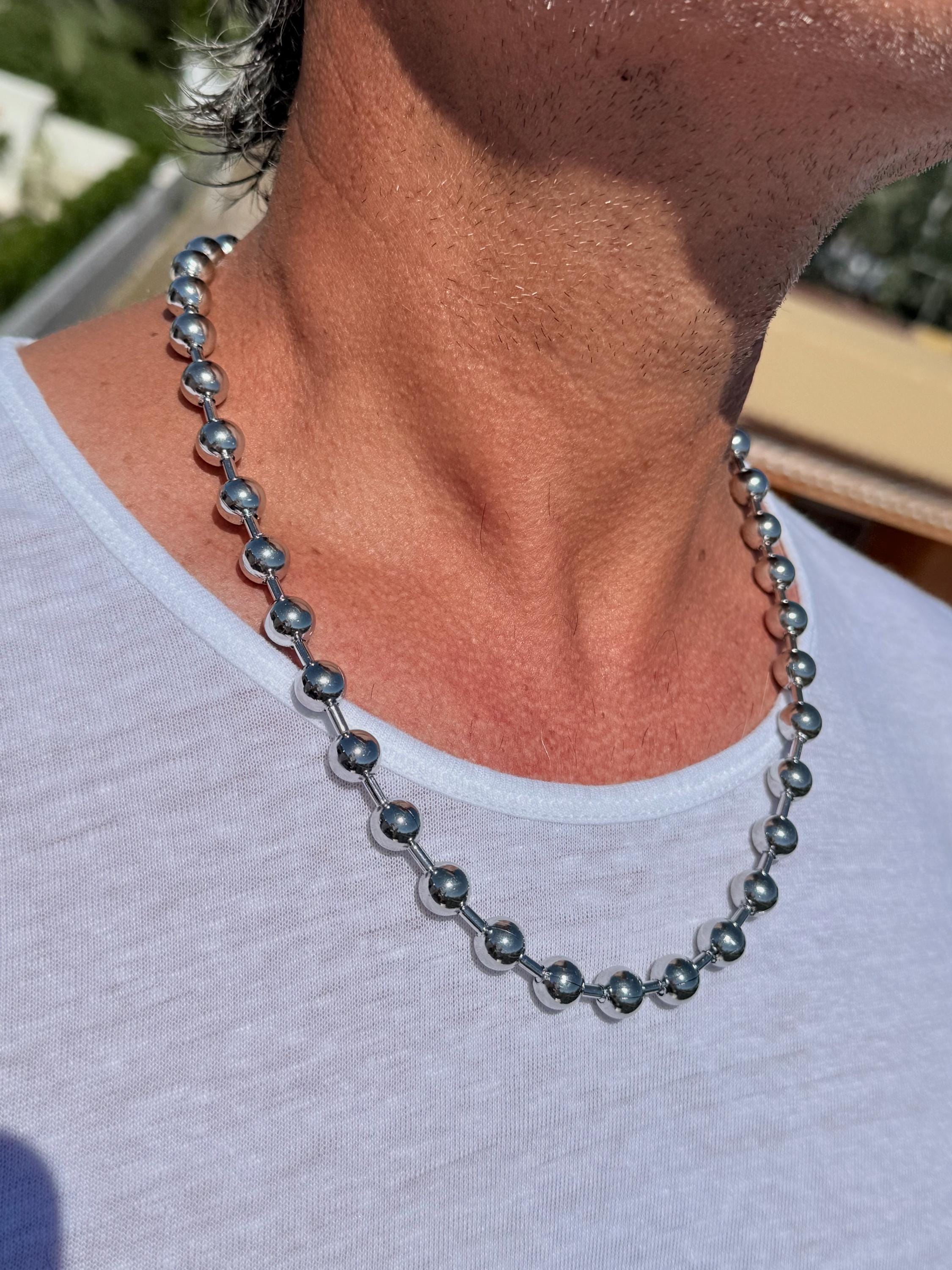 Men’s Ball Chain Necklace – 10 mm Black Silver Stainless Steel – Unisex Industrial Style – 24-Inch Water-Resistant Design – Handmade Kukuri