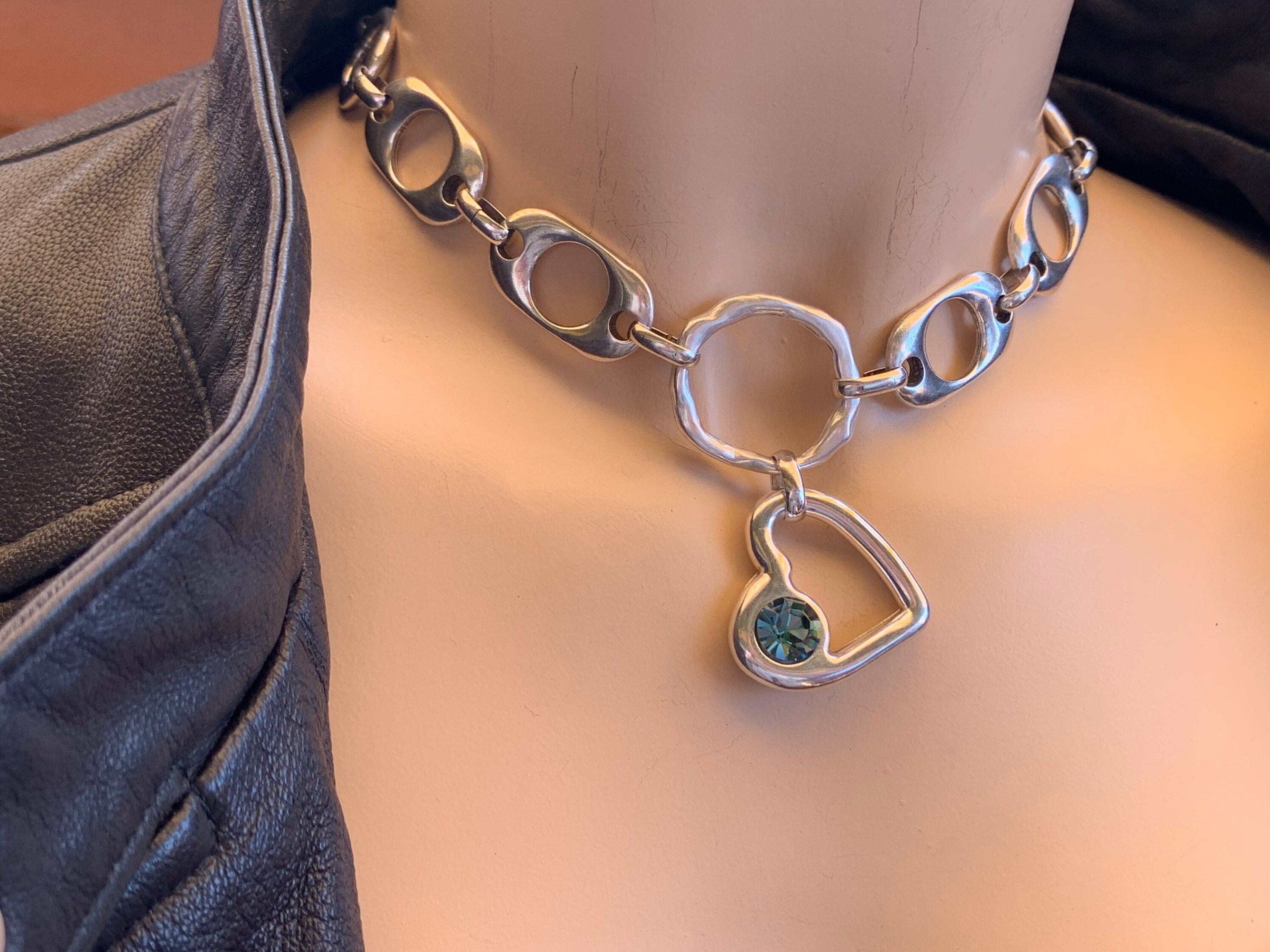 Chunky Silver Heart Pendant Choker – Swarovski Crystal – Big Link Bold Chain – Adjustable – Handmade Kukuri Jewelry