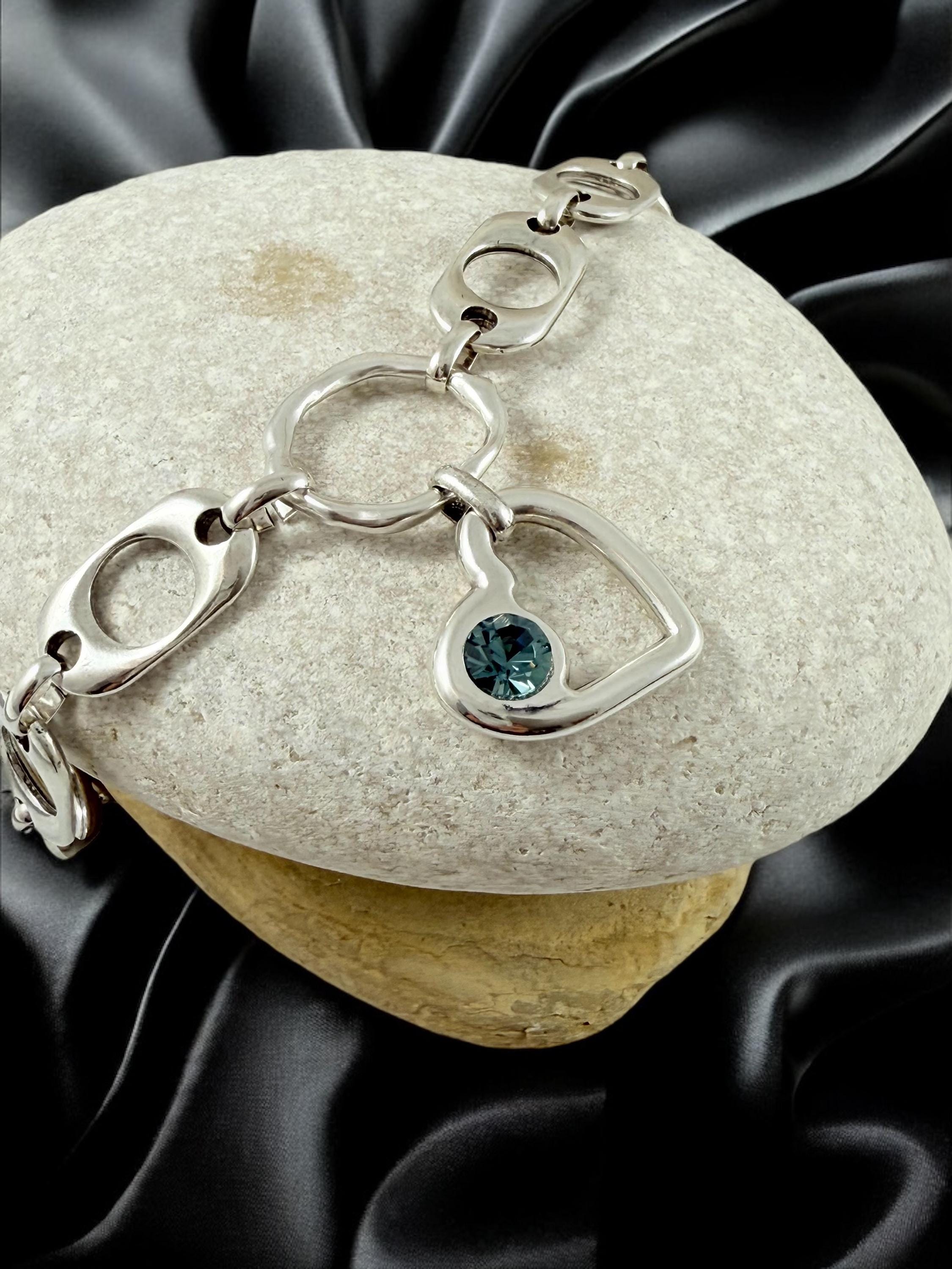 Chunky Silver Heart Pendant Choker – Swarovski Crystal – Big Link Bold Chain – Adjustable – Handmade Kukuri Jewelry