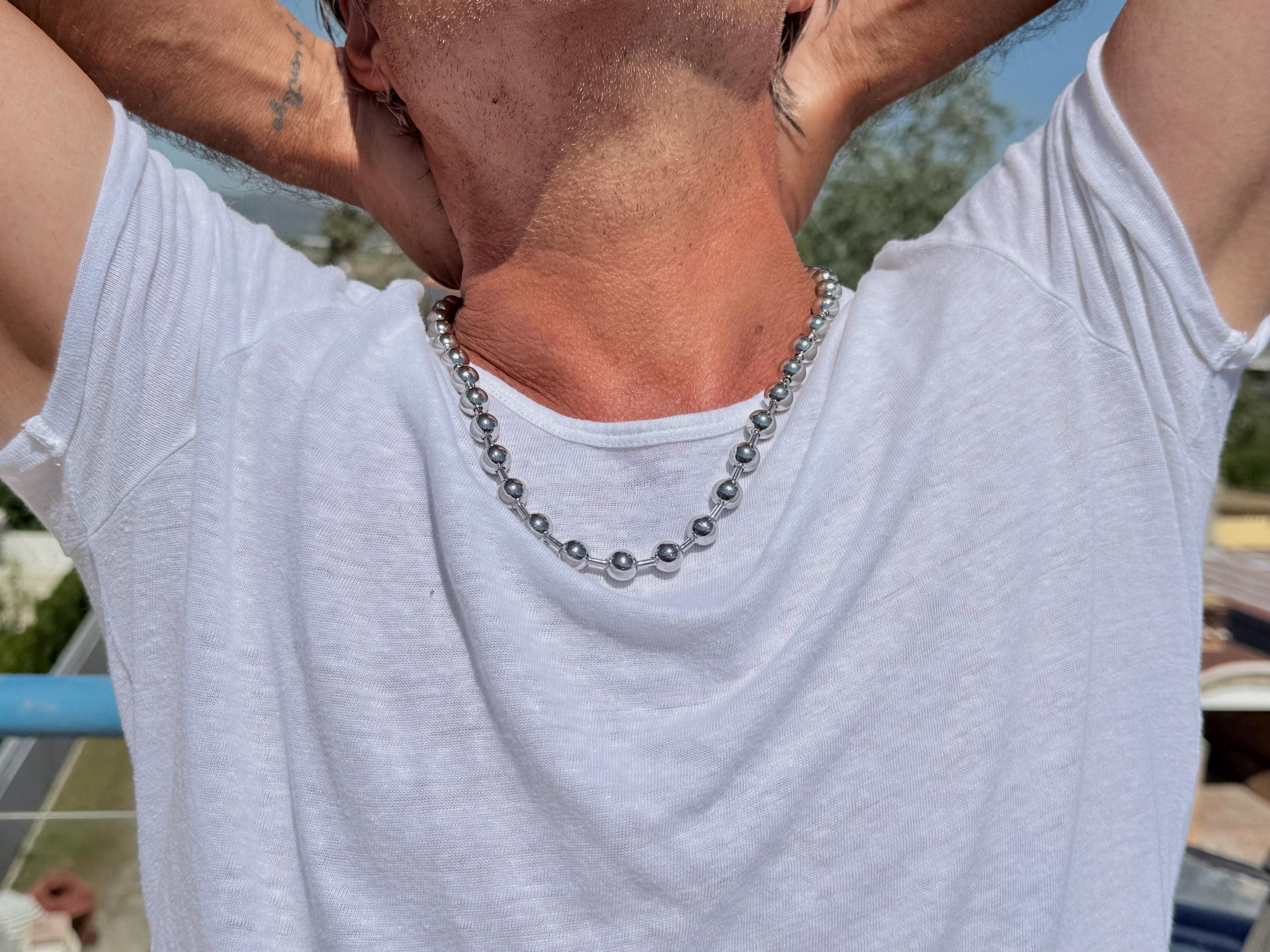 Men’s Ball Chain Necklace – 10 mm Black Silver Stainless Steel – Unisex Industrial Style – 24-Inch Water-Resistant Design – Handmade Kukuri