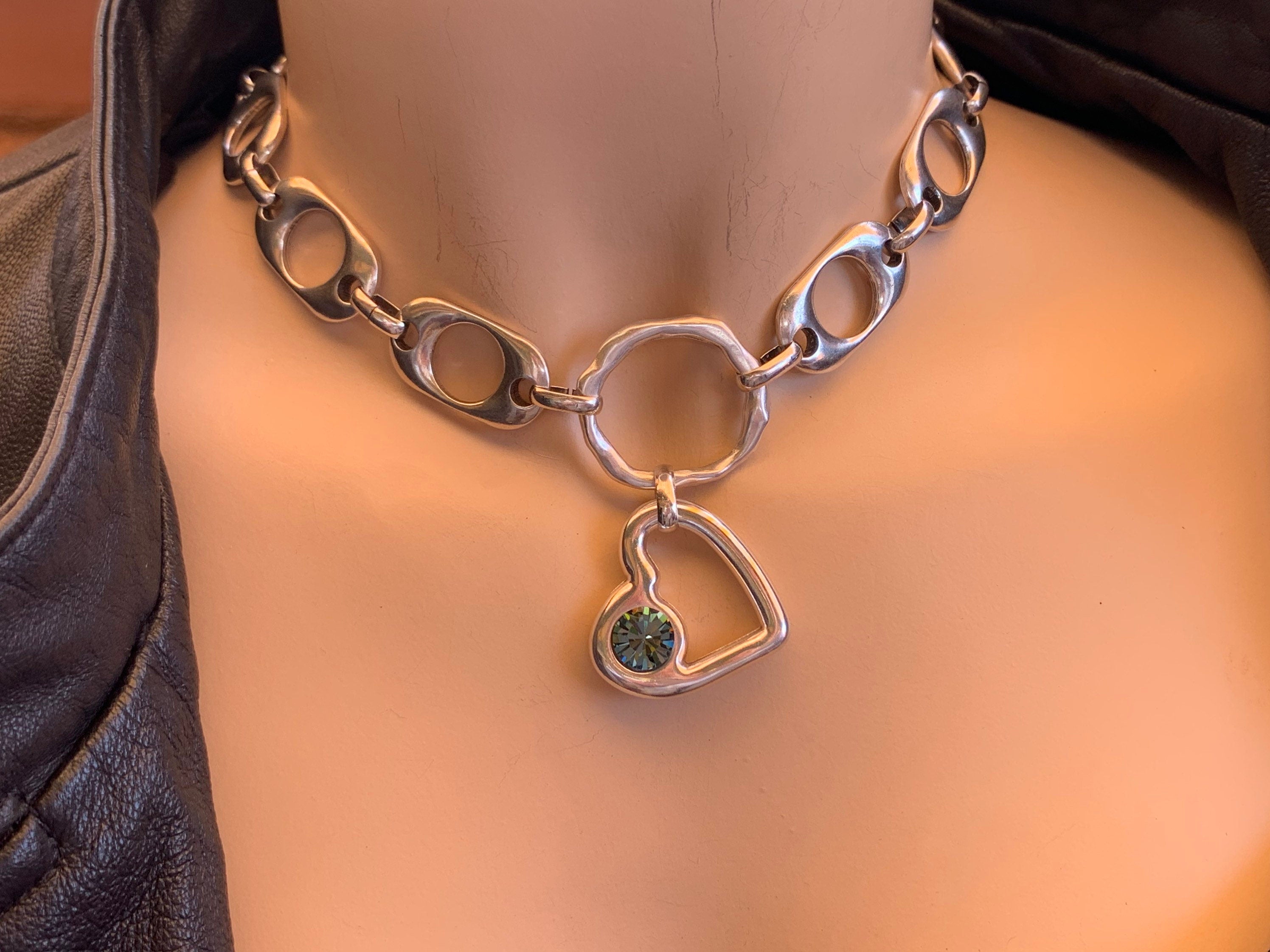 Chunky Silver Heart Pendant Choker – Swarovski Crystal – Big Link Bold Chain – Adjustable – Handmade Kukuri Jewelry