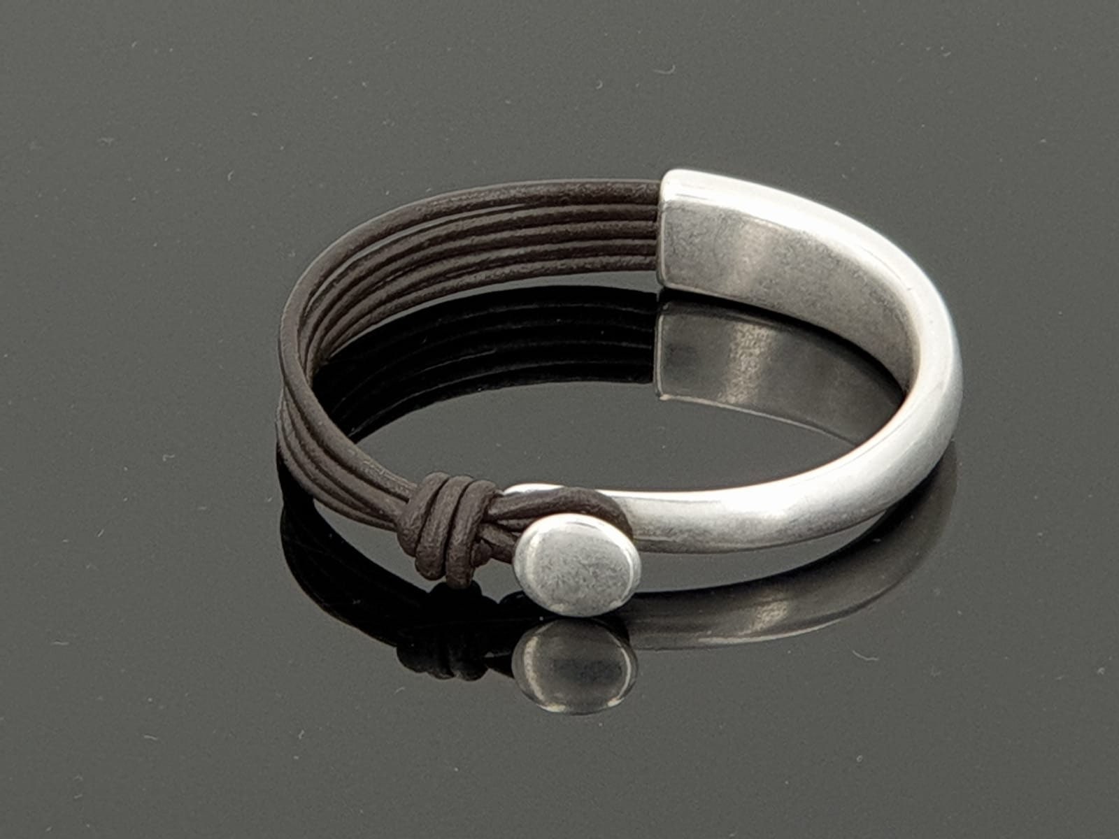 Half Cuff Leather chunky Bracelet – Silver-Plated bold – Unisex Boho Rock Style – Handmade Kukuri Jewelry