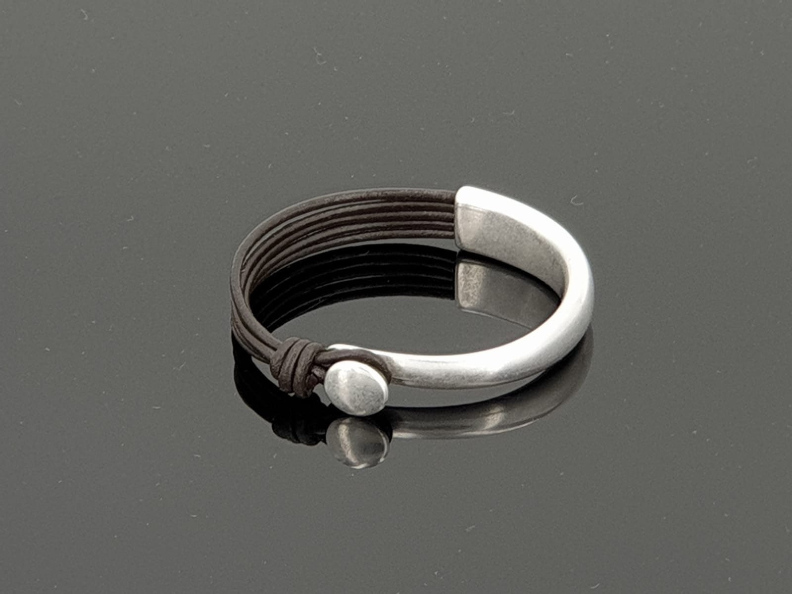 Half Cuff Leather chunky Bracelet – Silver-Plated bold – Unisex Boho Rock Style – Handmade Kukuri Jewelry