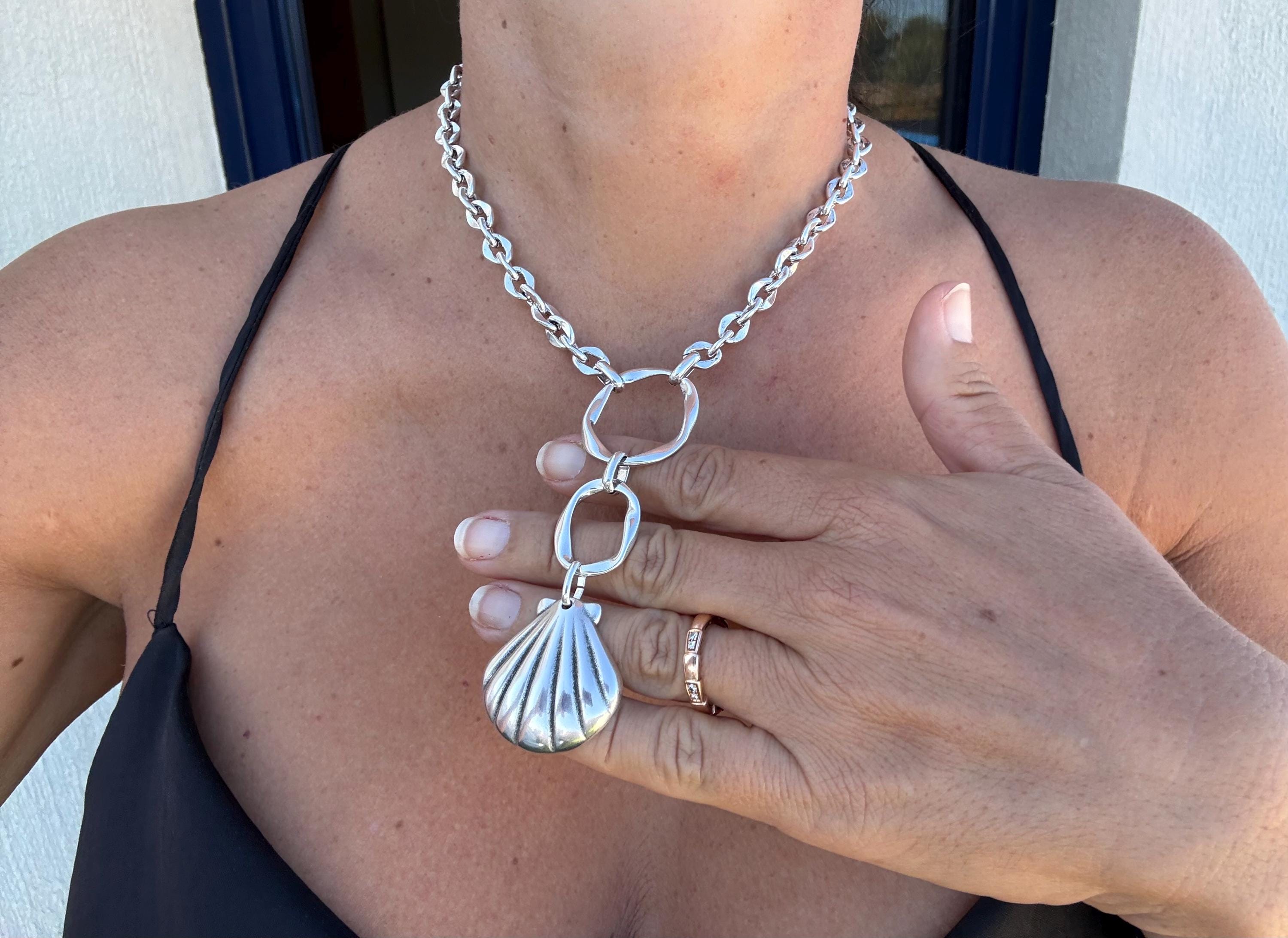 Chunky silver Chain Necklace – Hammered Circles & Shell long Pendant – Handmade bold Kukuri Jewelry