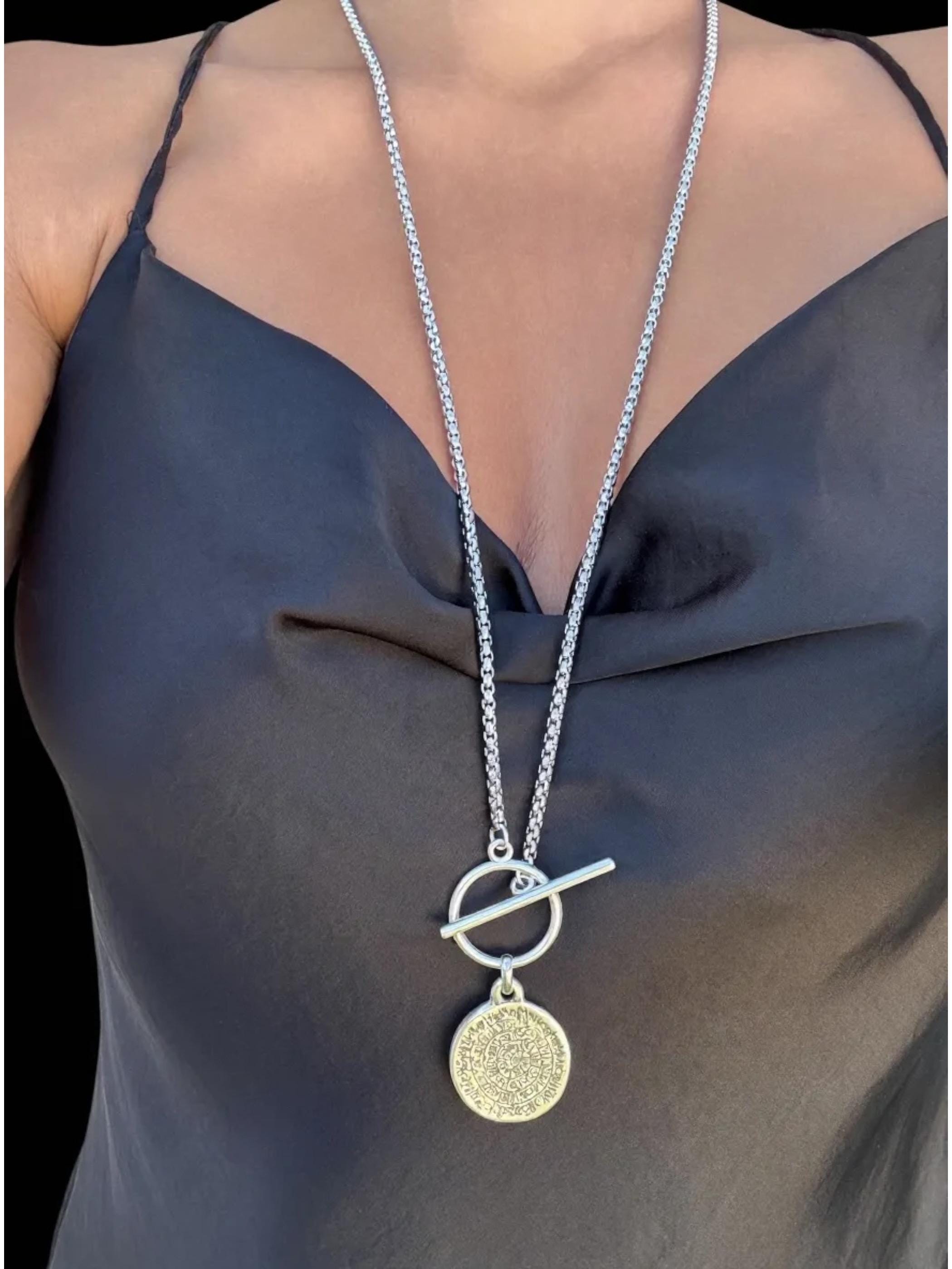 Versatile long Toggle silver Necklace – Symbolic bold engrave Circular Pendant – Multi-Way Wear – Handmade Kukuri Jewelry