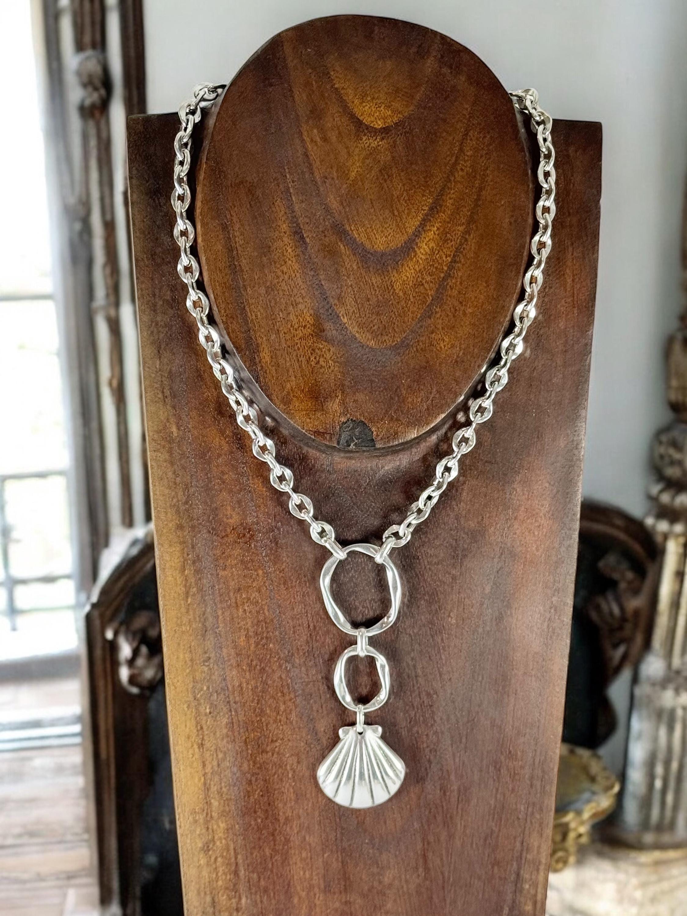 Chunky silver Chain Necklace – Hammered Circles & Shell long Pendant – Handmade bold Kukuri Jewelry