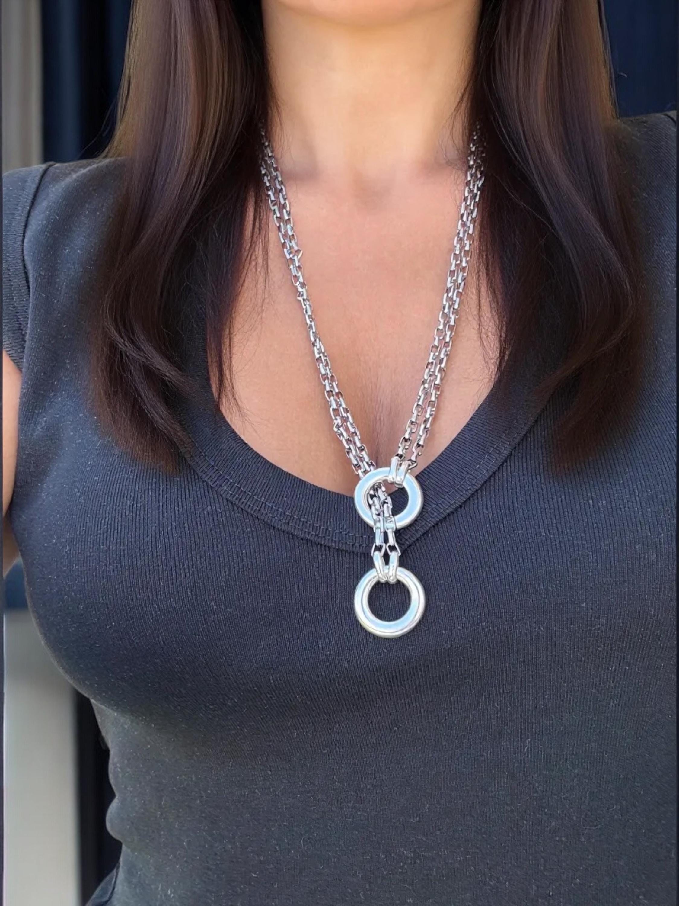 Double silver antique Chain Lariat Necklace – Industrial Modern bold Style – Kukuri Exclusive – Handmade