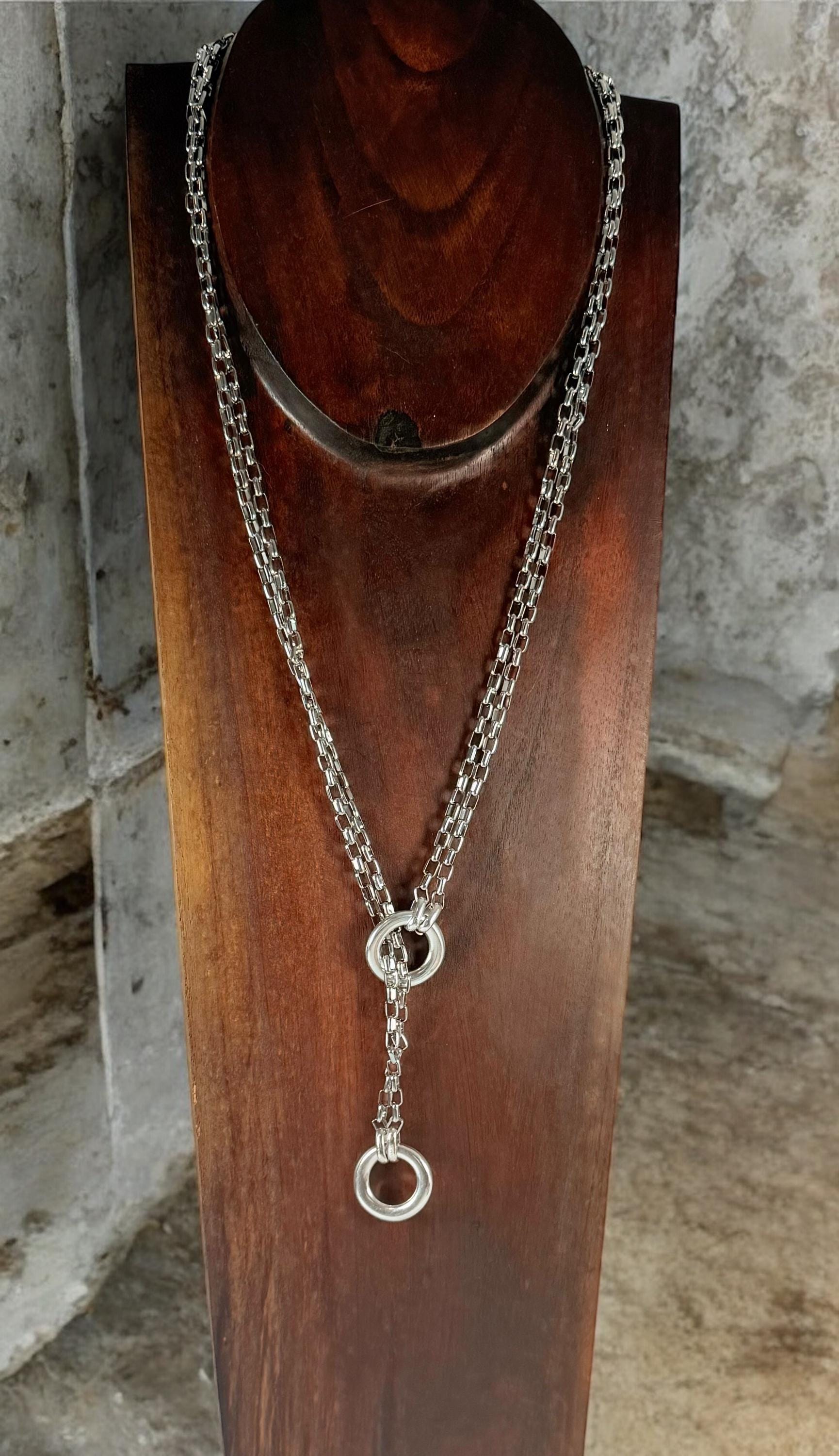 Double silver antique Chain Lariat Necklace – Industrial Modern bold Style – Kukuri Exclusive – Handmade