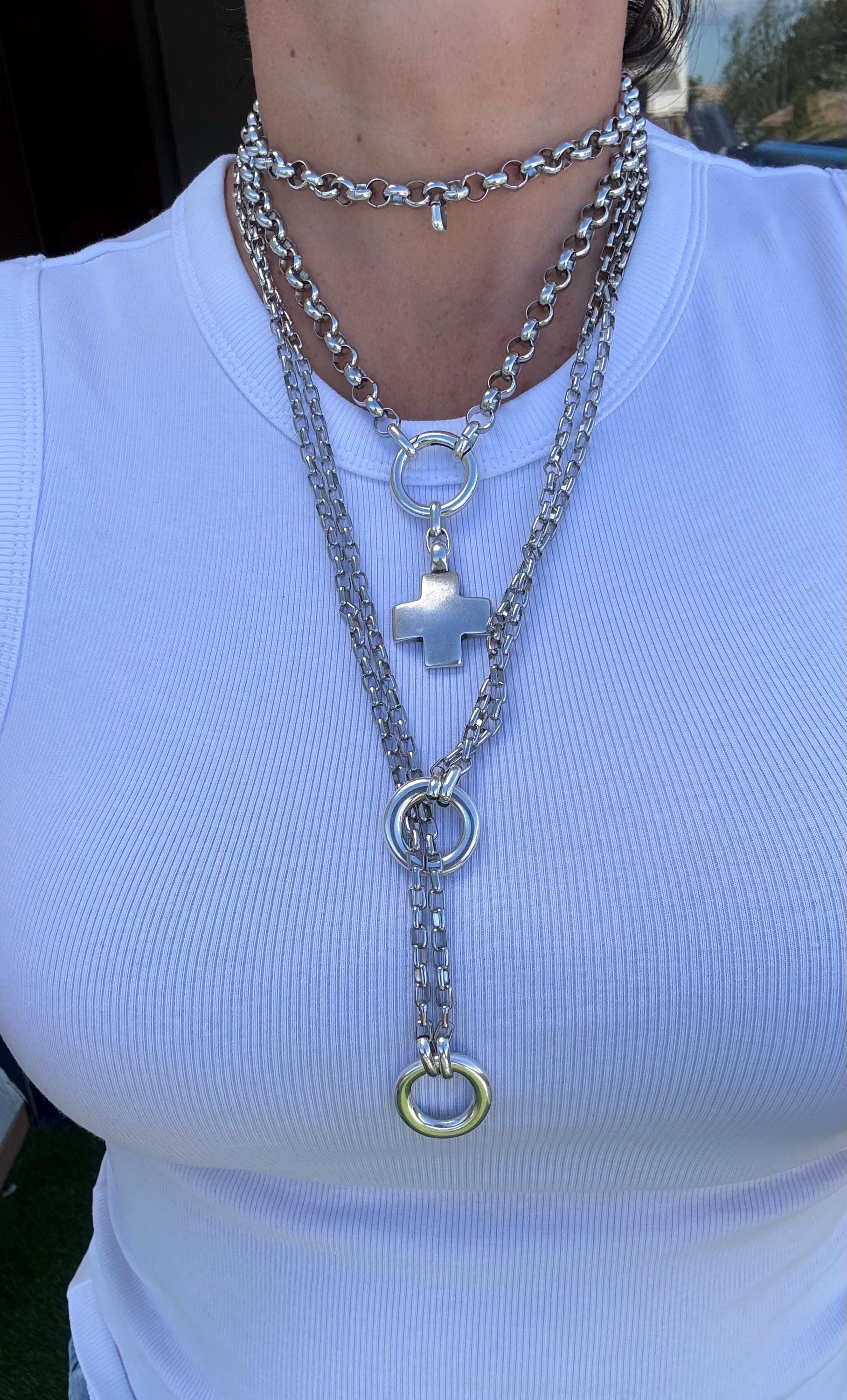 Double silver antique Chain Lariat Necklace – Industrial Modern bold Style – Kukuri Exclusive – Handmade