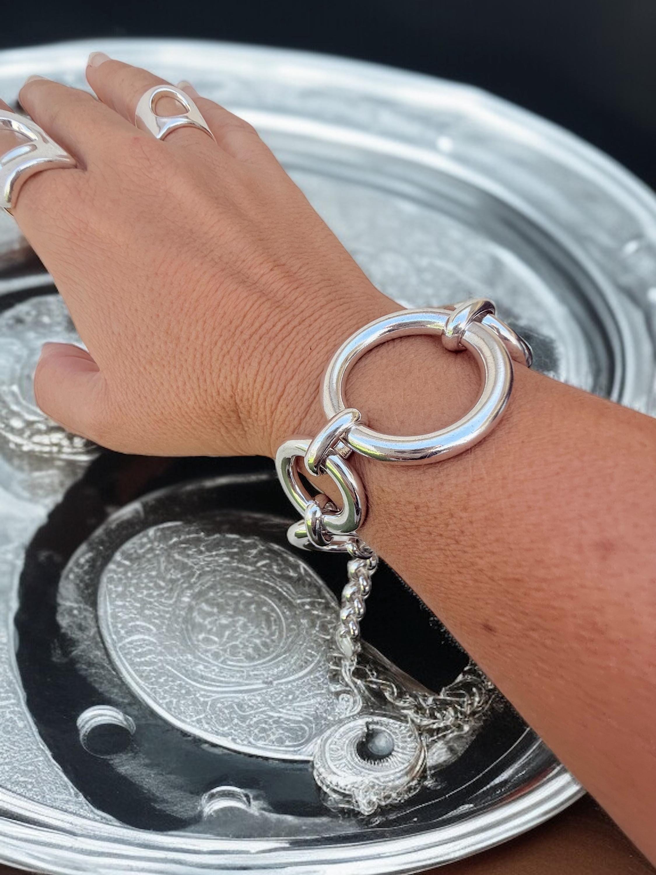 Chunky Round-Link Silver Bracelet – Oversized bold Rings – adjustable big size – Handmade Kukuri Jewelry