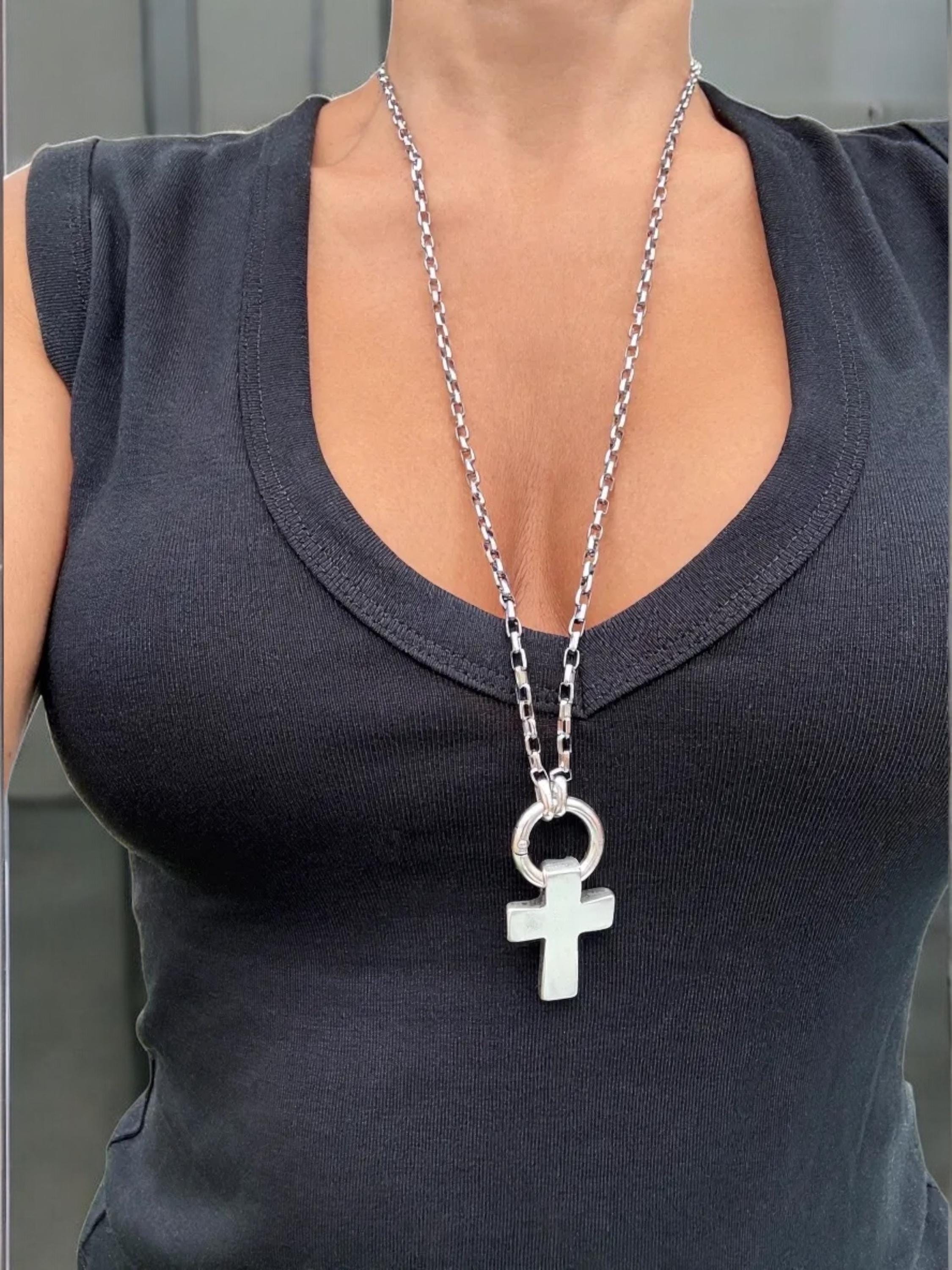Multi-Position long chunky Silver Necklace – statement Cross Pendant – 3-in-1 Layered Chain – Handmade Kukuri Jewelry