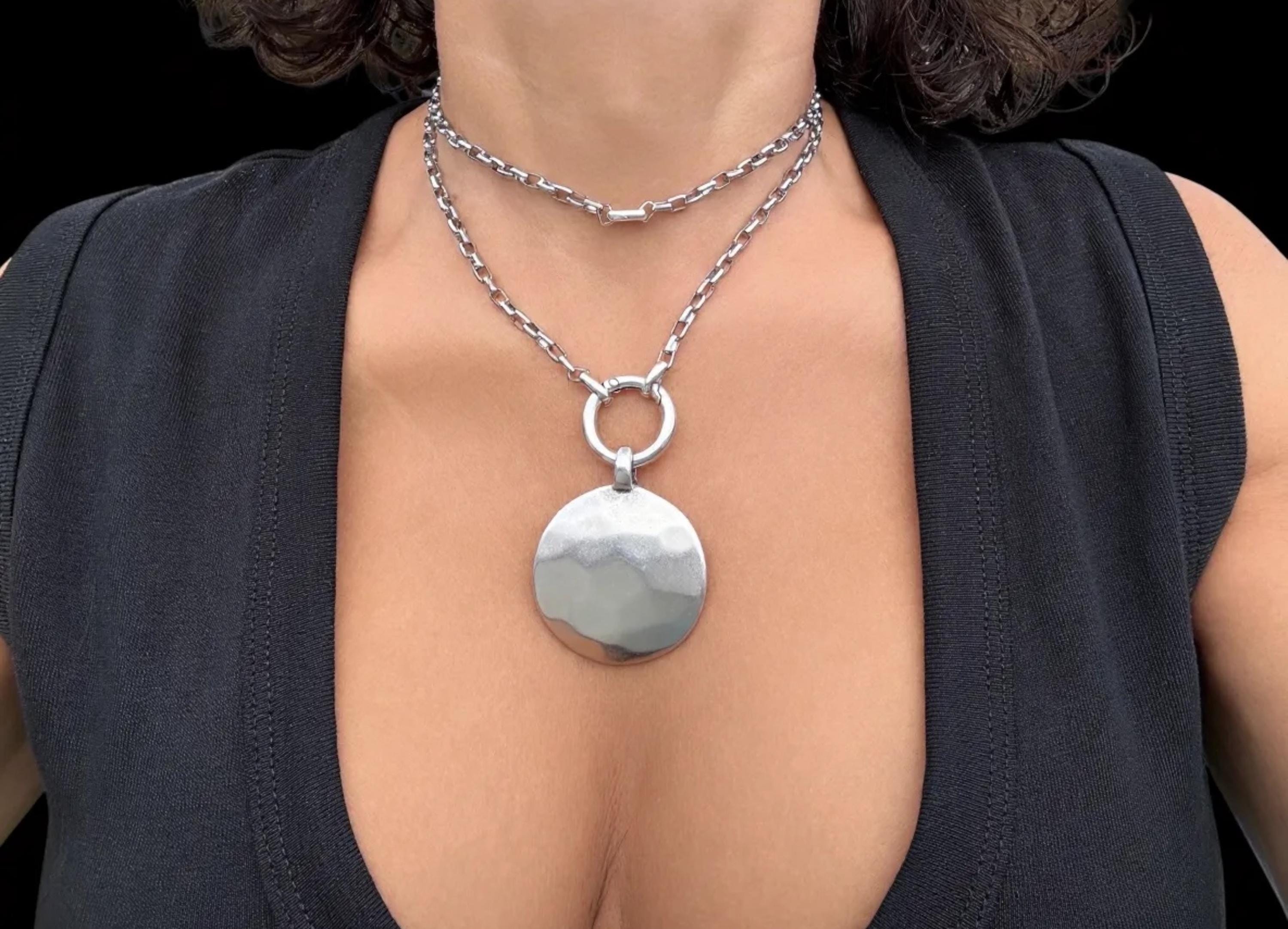 Multi-Position long chunky Silver Necklace – Hammered statement Pendant – 3-in-1 Layered Chain – Handmade Kukuri Jewelry