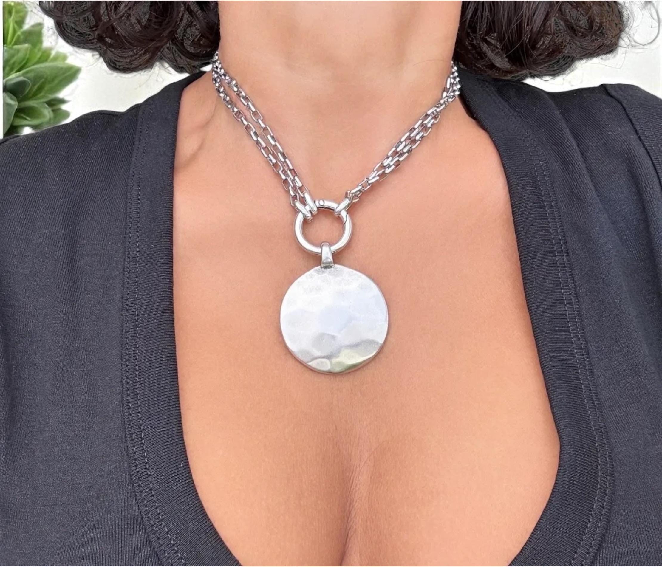 Multi-Position long chunky Silver Necklace – Hammered statement Pendant – 3-in-1 Layered Chain – Handmade Kukuri Jewelry