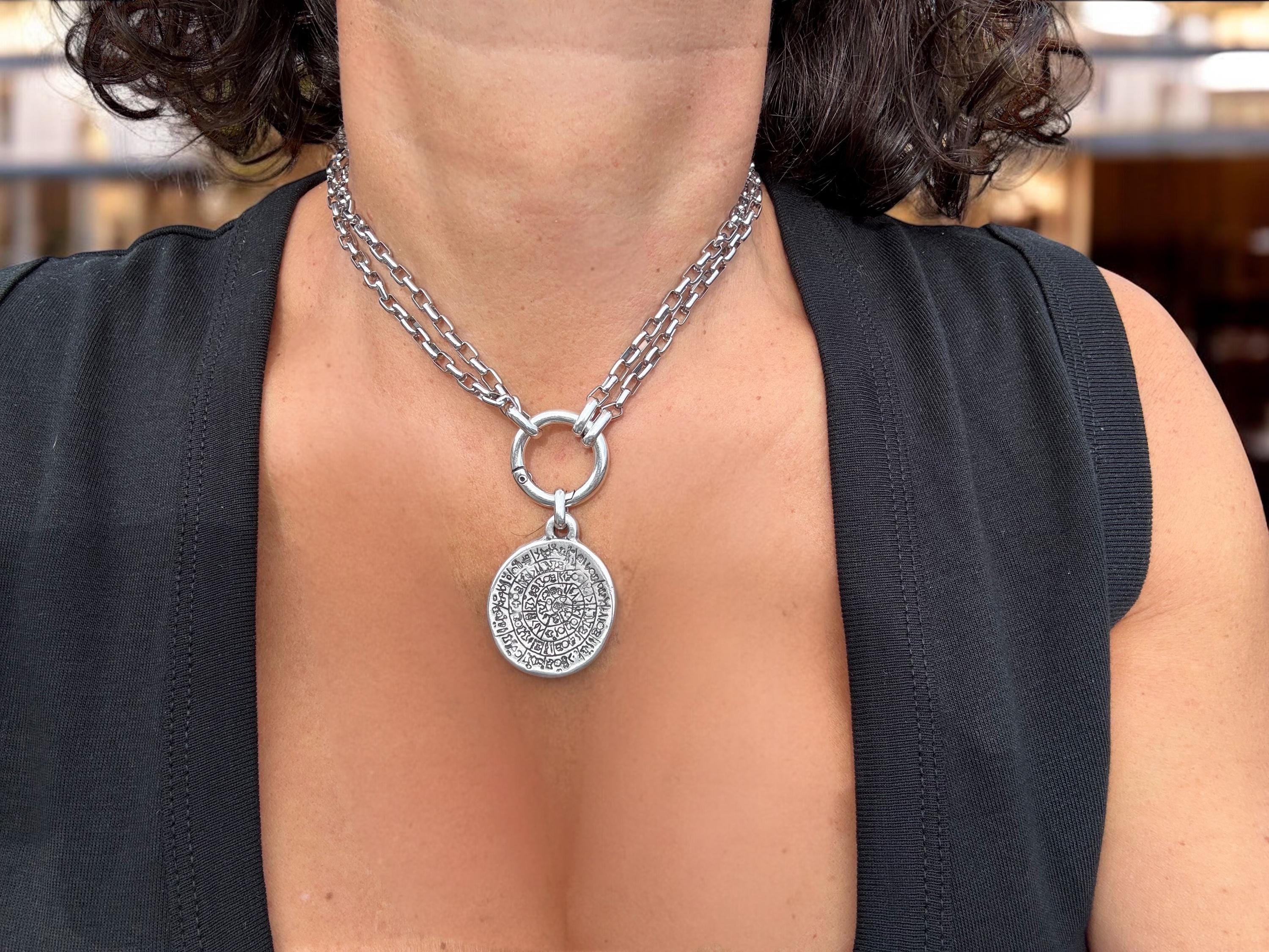 Long Chunky Silver plated Multi‑Position Necklace – Pendant with a Symbolic Touch – 3‑in‑1 steel Chain –