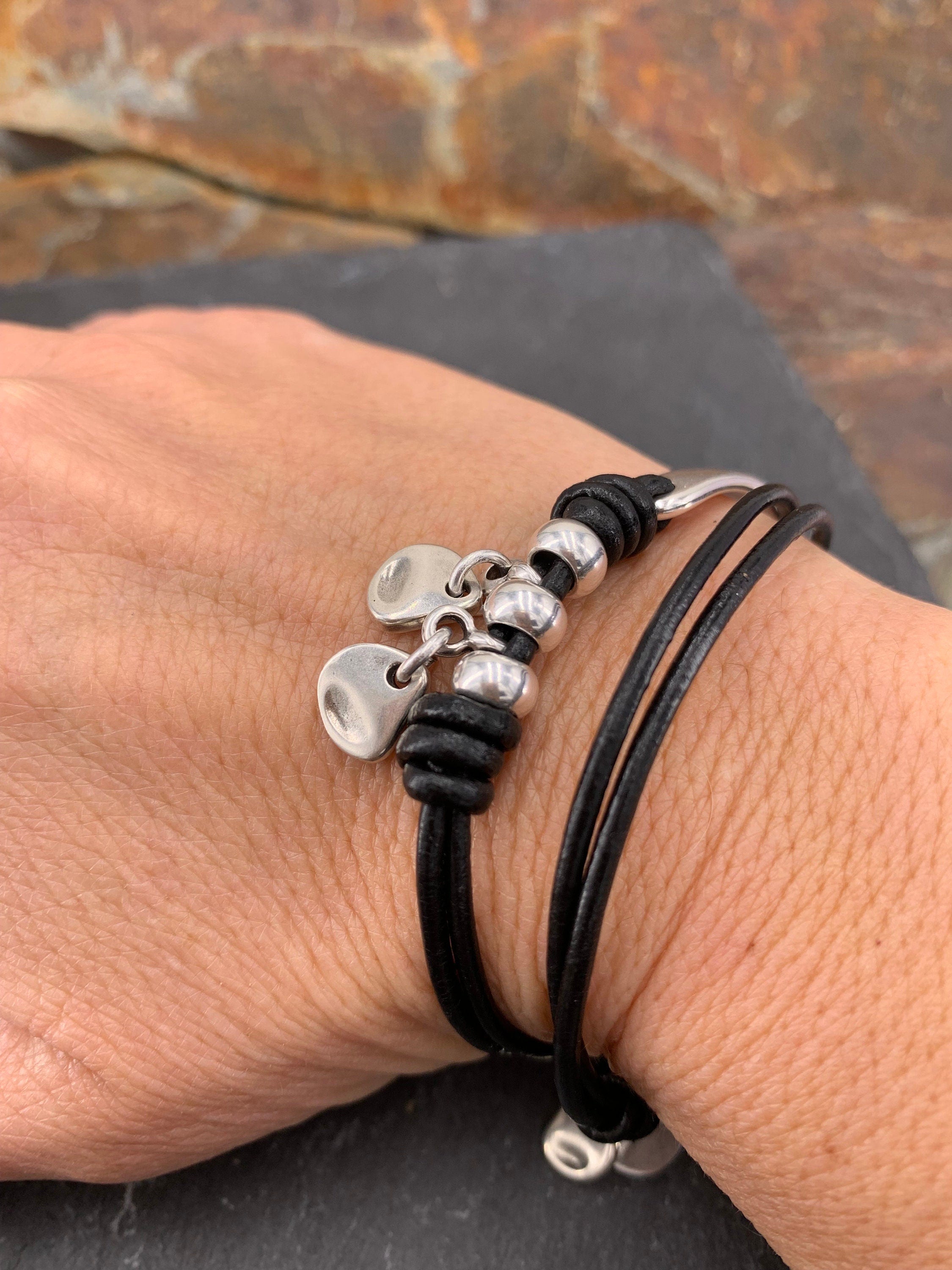 Handmade wrap silver plated and leather charms bracelet, cord half cuff, bohemian tribal style