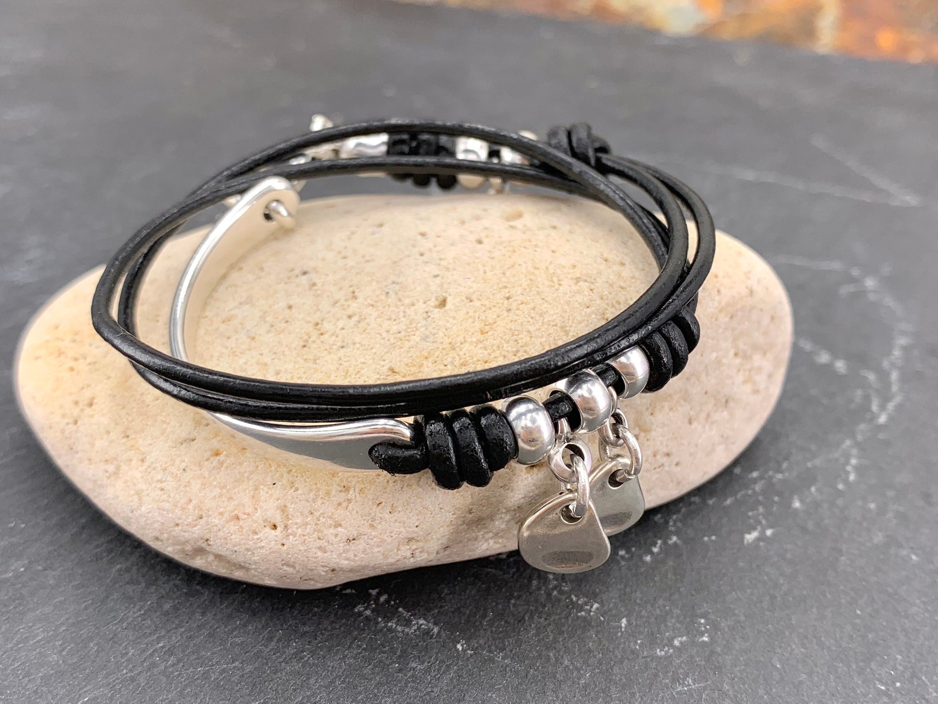 Handmade wrap silver plated and leather charms bracelet, cord half cuff, bohemian tribal style