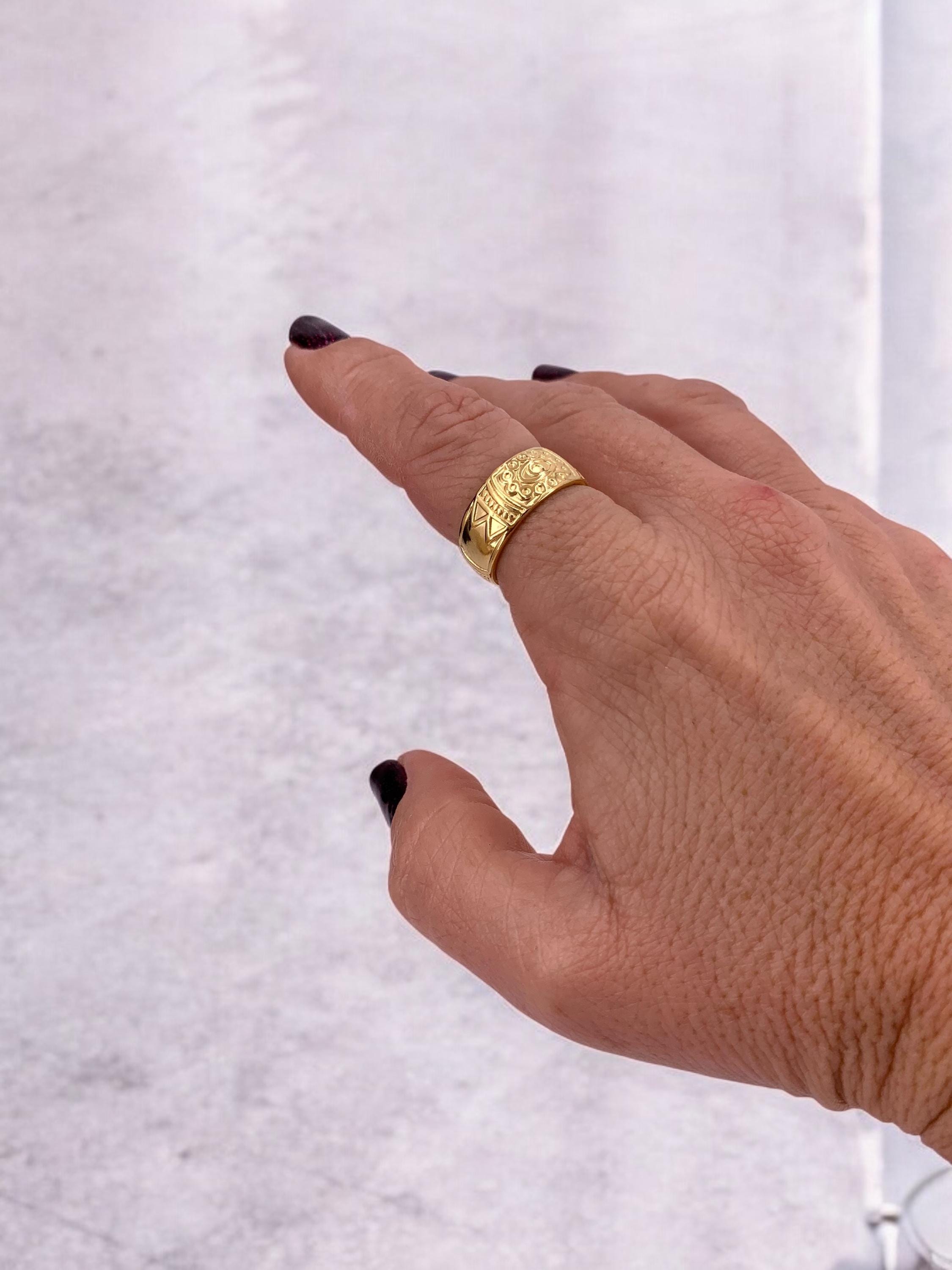 Engraved silver or gold ring, Bohemian ring, unique design ring, statement ring, tribal ring, bold ring, stainless steel ring, gift for her