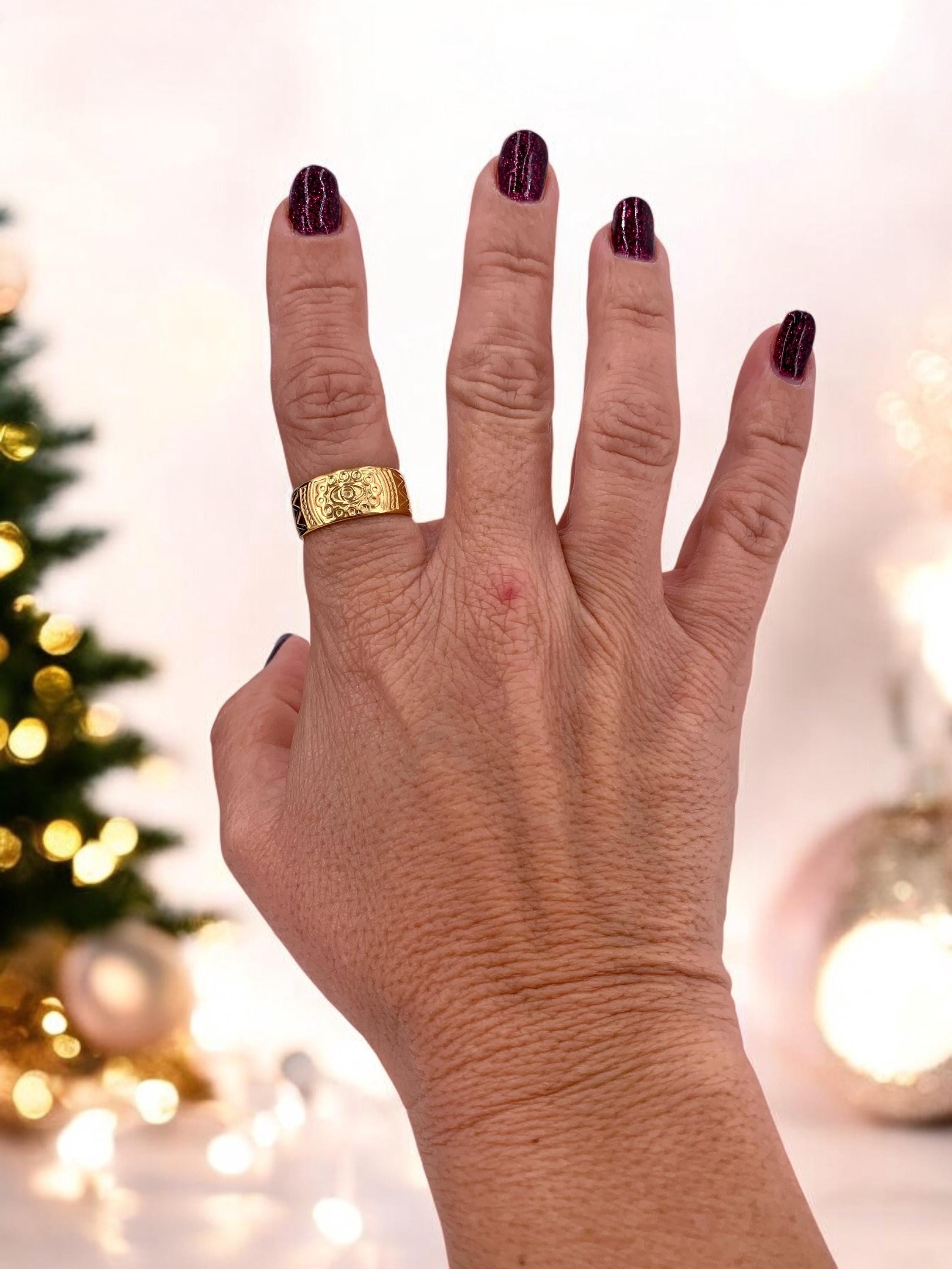 Engraved silver or gold ring, Bohemian ring, unique design ring, statement ring, tribal ring, bold ring, stainless steel ring, gift for her