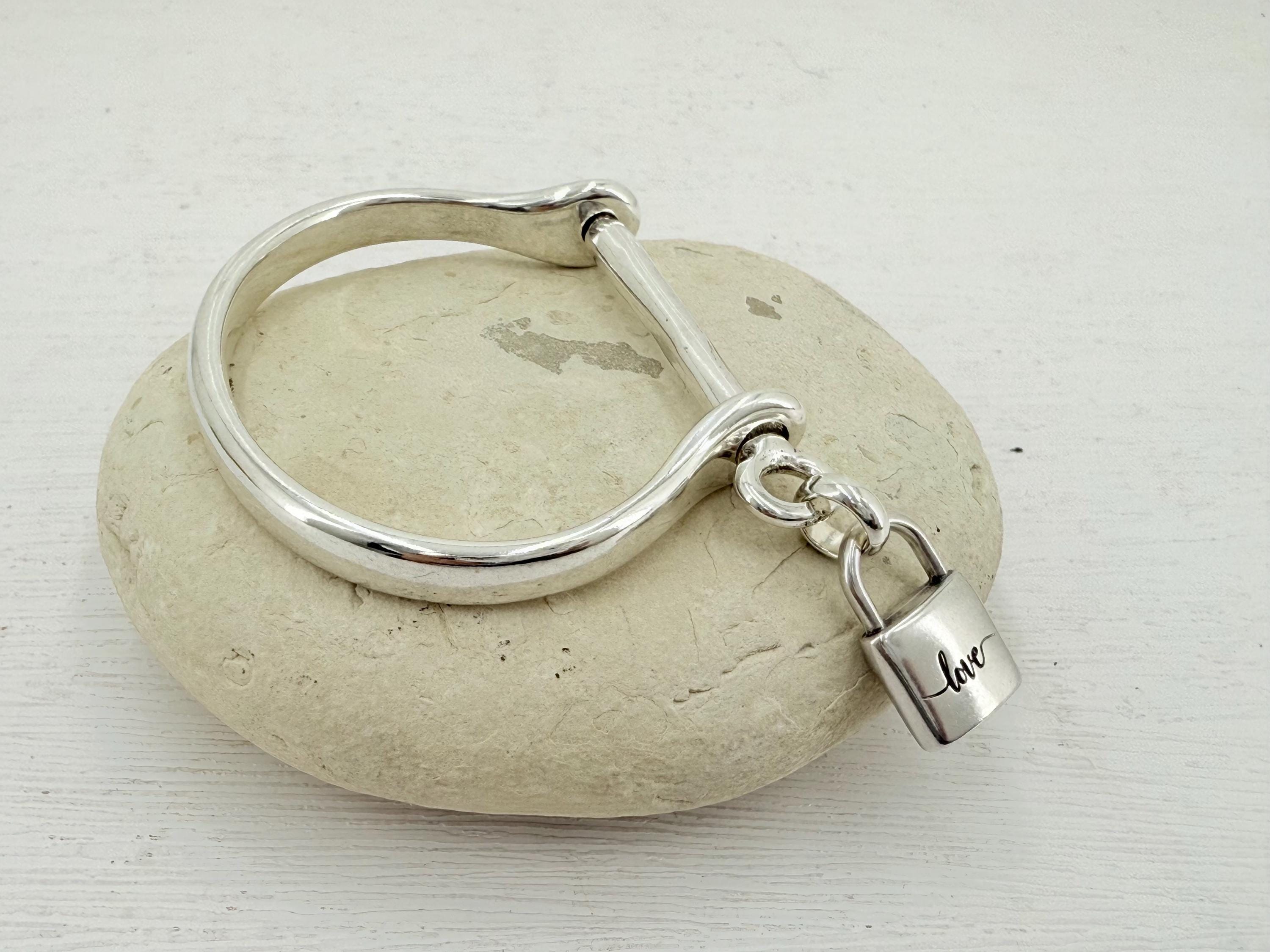 Chunky silver shackle shaped bracelet, rigid industrial cuff, bold bangle
